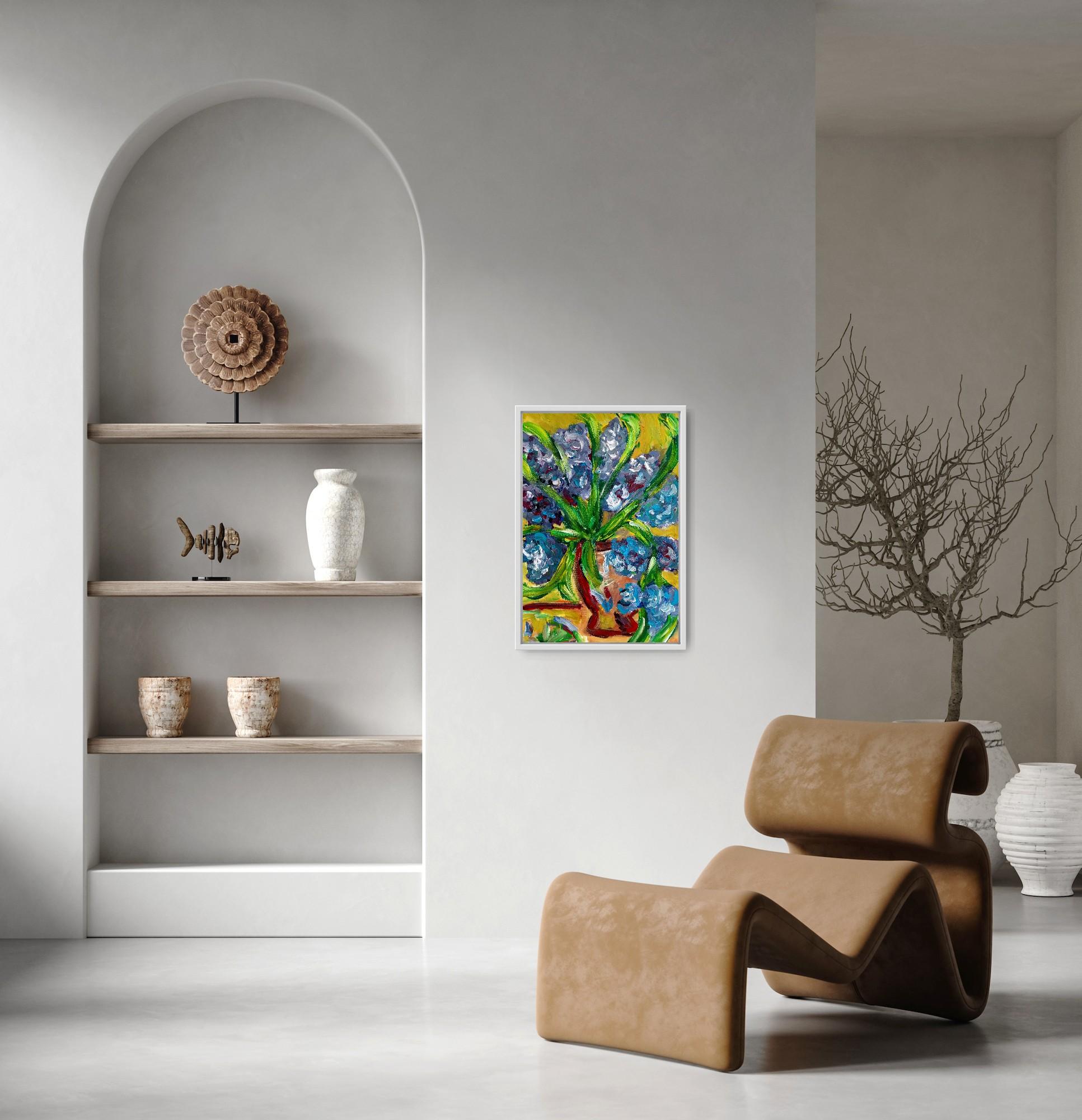 Pintura impresionista contemporánea expresiva floral lirios morados sobre papel - Painting Posimpresionista de Natalya Mougenot 