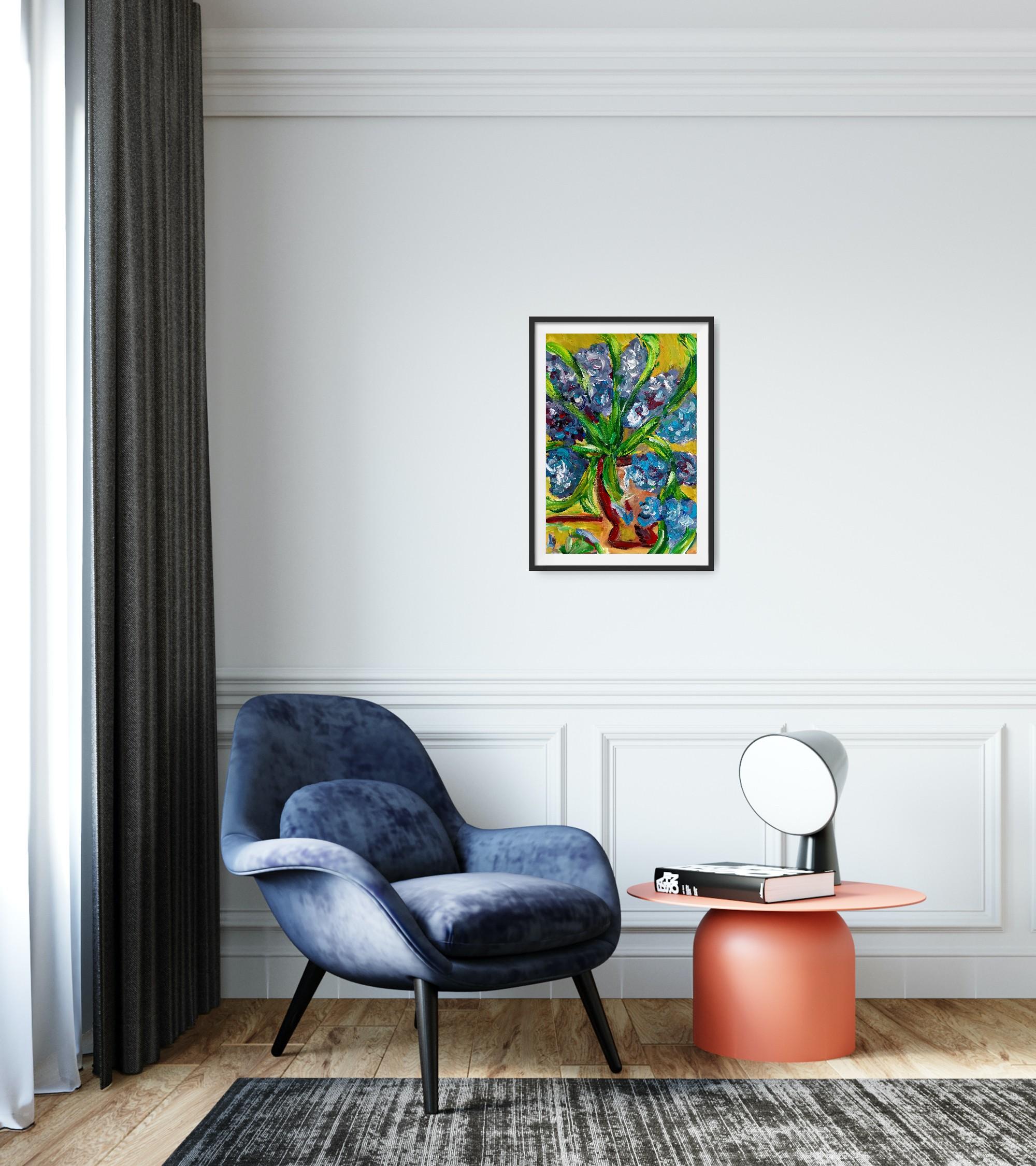 Pintura impresionista contemporánea expresiva floral lirios morados sobre papel en venta 1