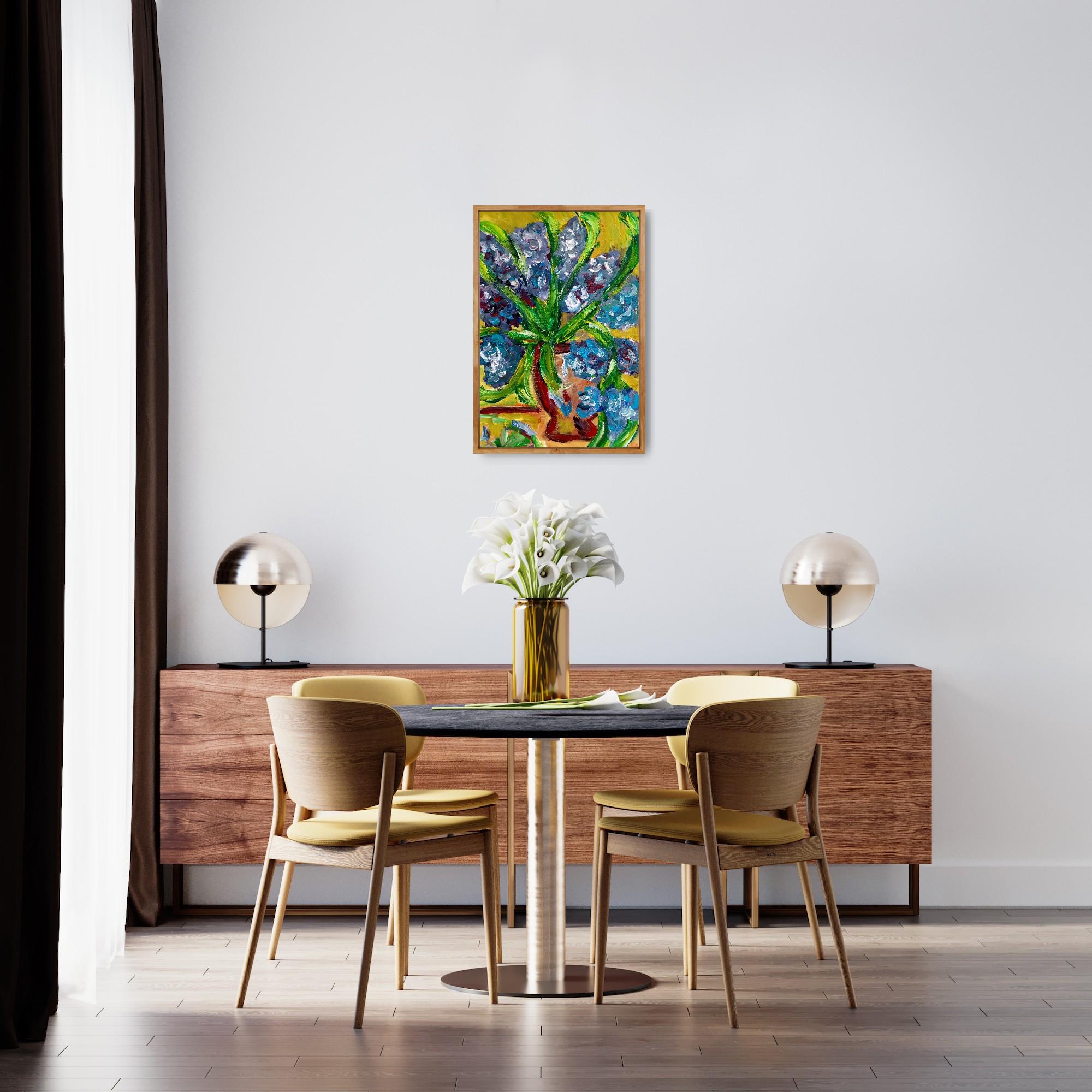 Pintura impresionista contemporánea expresiva floral lirios morados sobre papel en venta 2