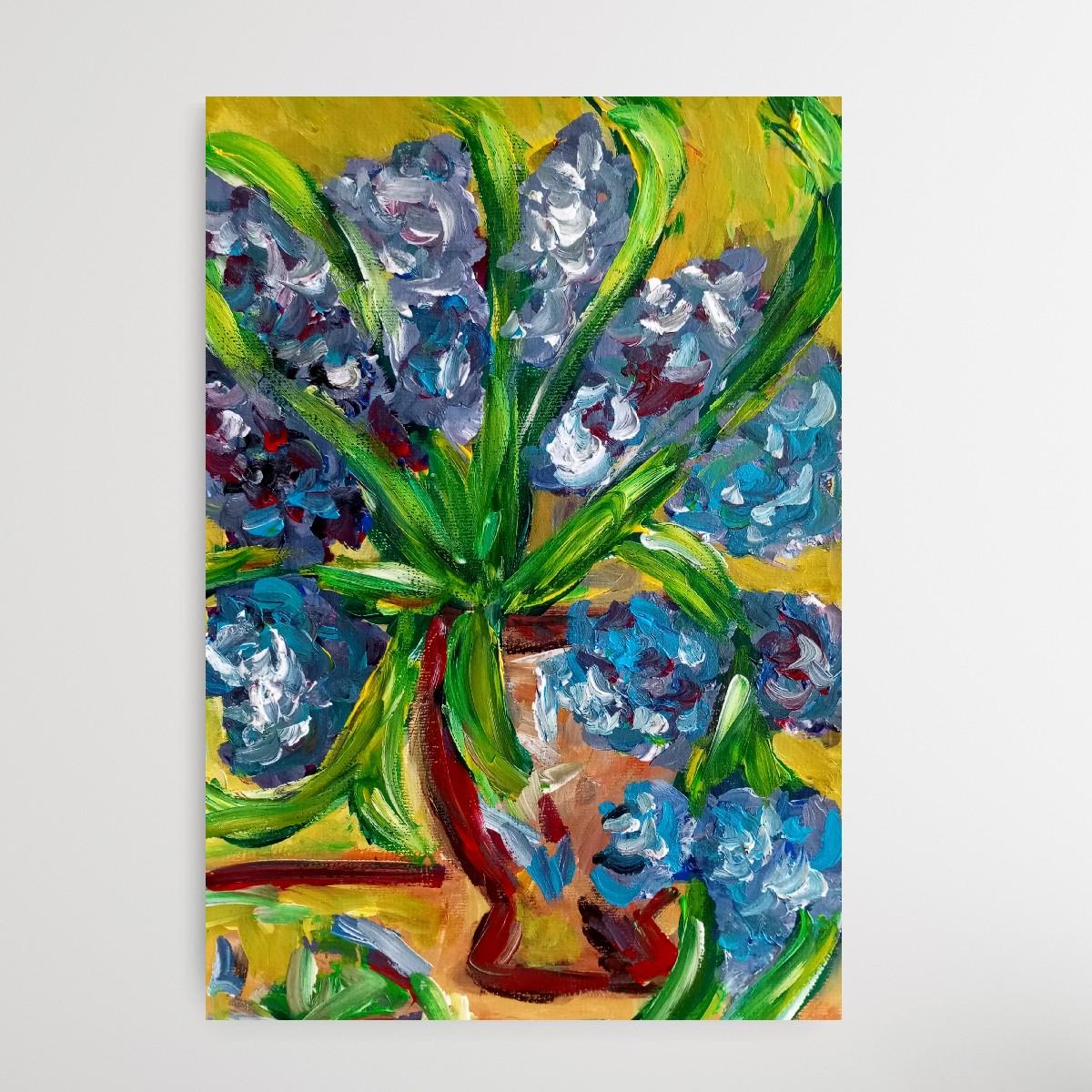 Pintura impresionista contemporánea expresiva floral lirios morados sobre papel en venta 3