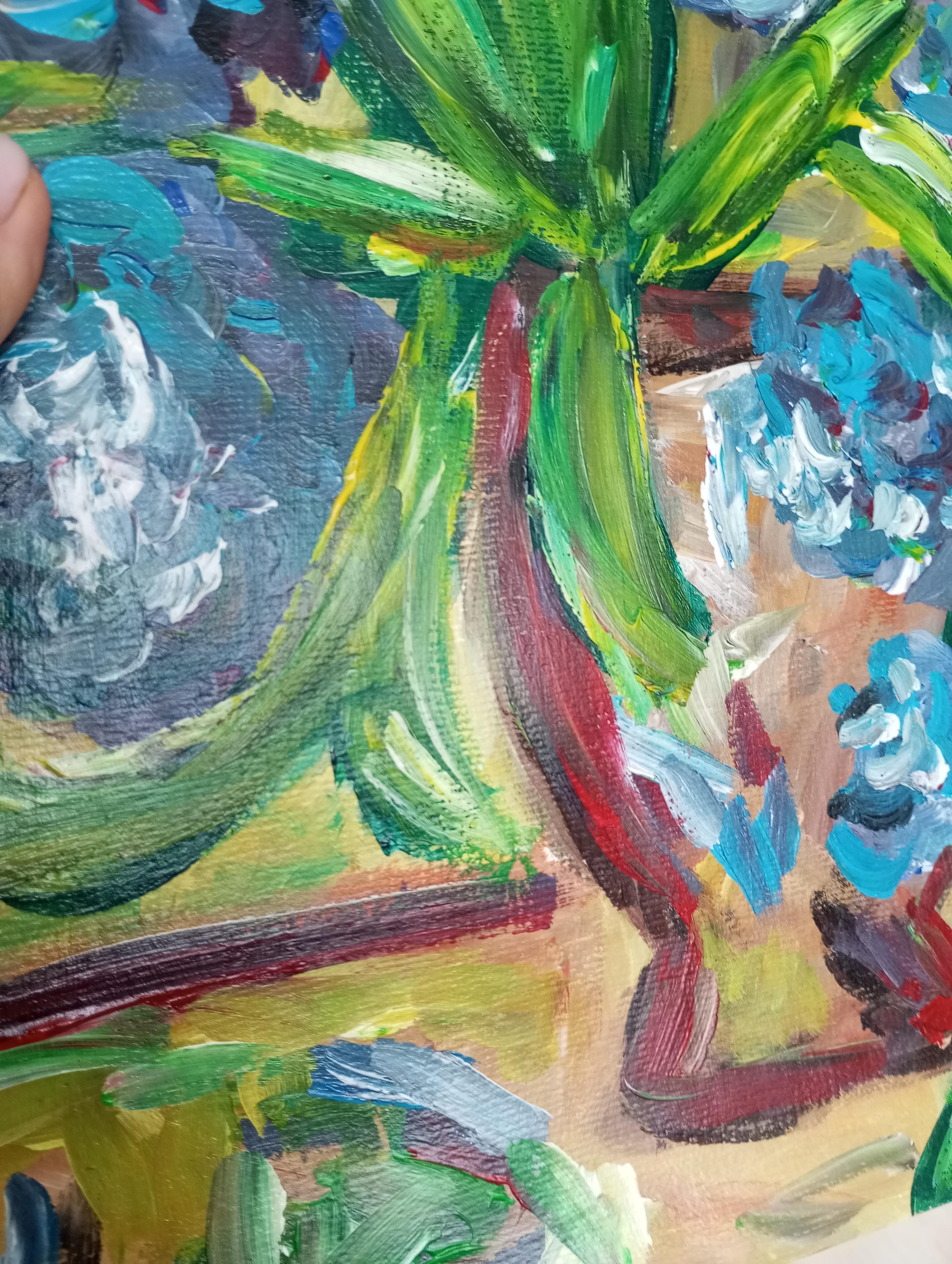 Pintura impresionista contemporánea expresiva floral lirios morados sobre papel en venta 4