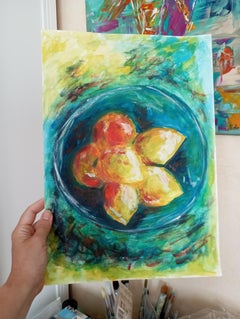 Contemporary watercolor still-life painting of lemons "Vitamins in a bowl"