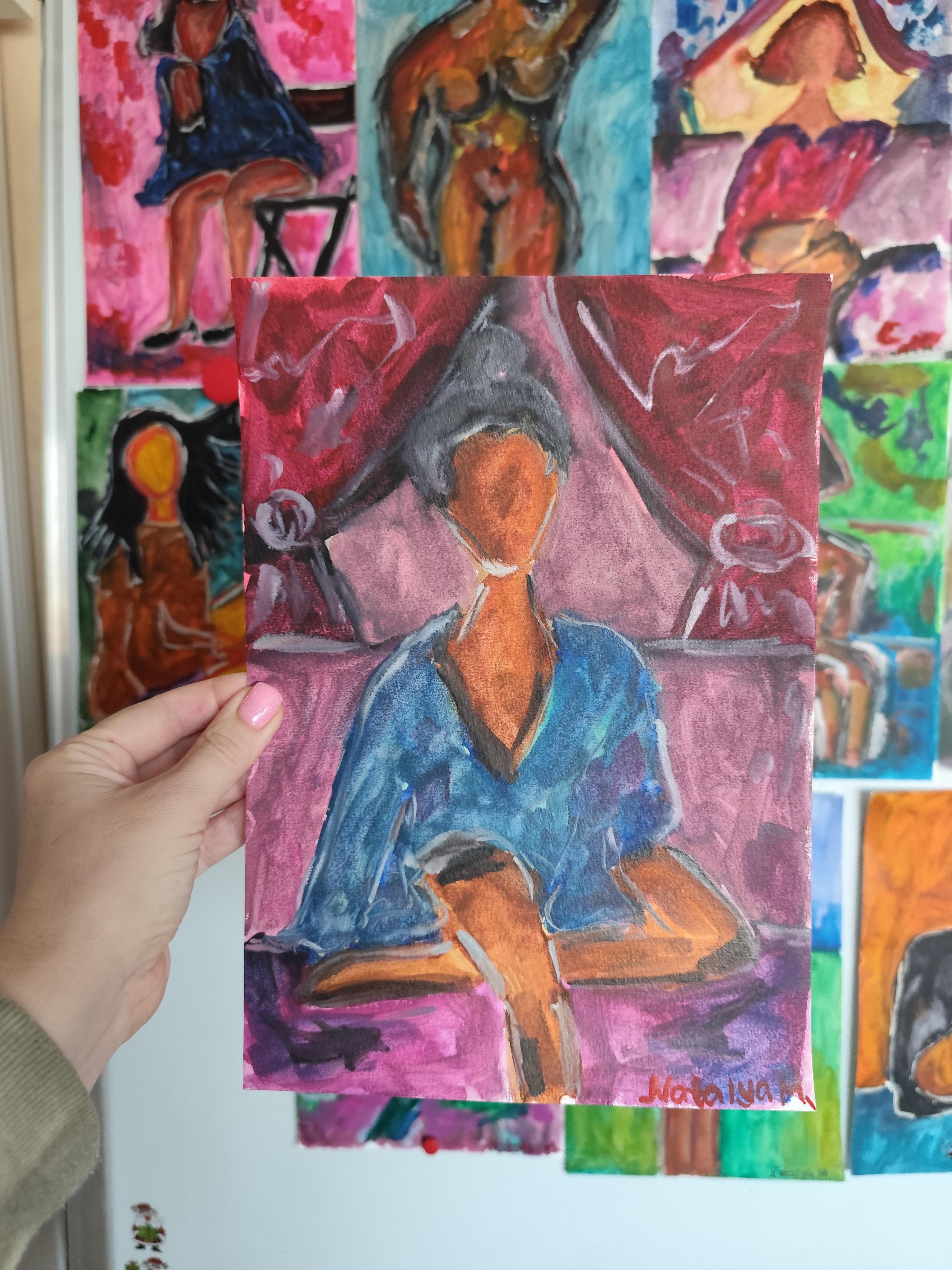 Acuarela figurativa mujer pintura sobre papel 