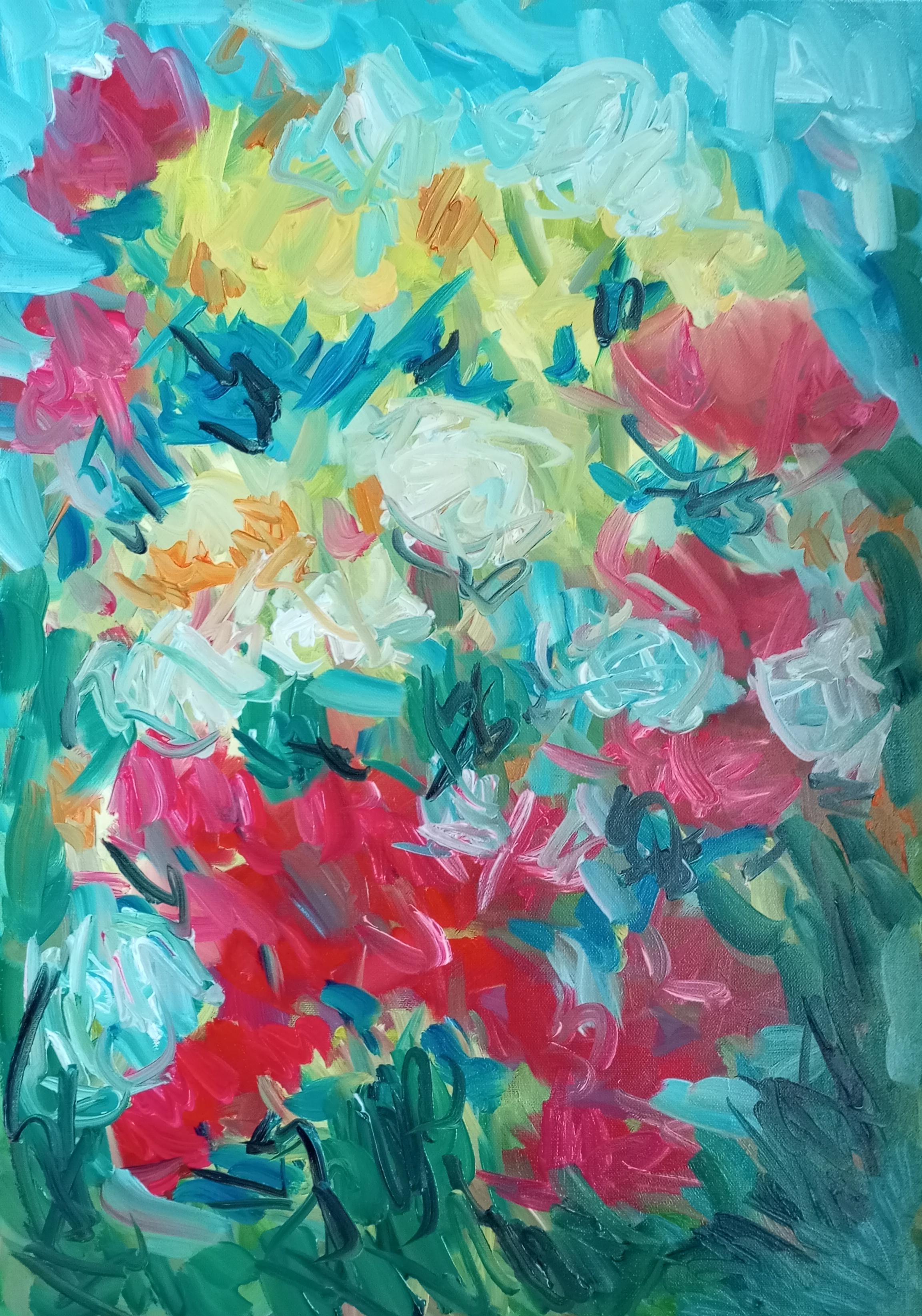 Natalya Mougenot  Abstract Painting - Contemporary impressionist vibrant painting "Wind dancing with spring flowers" 
