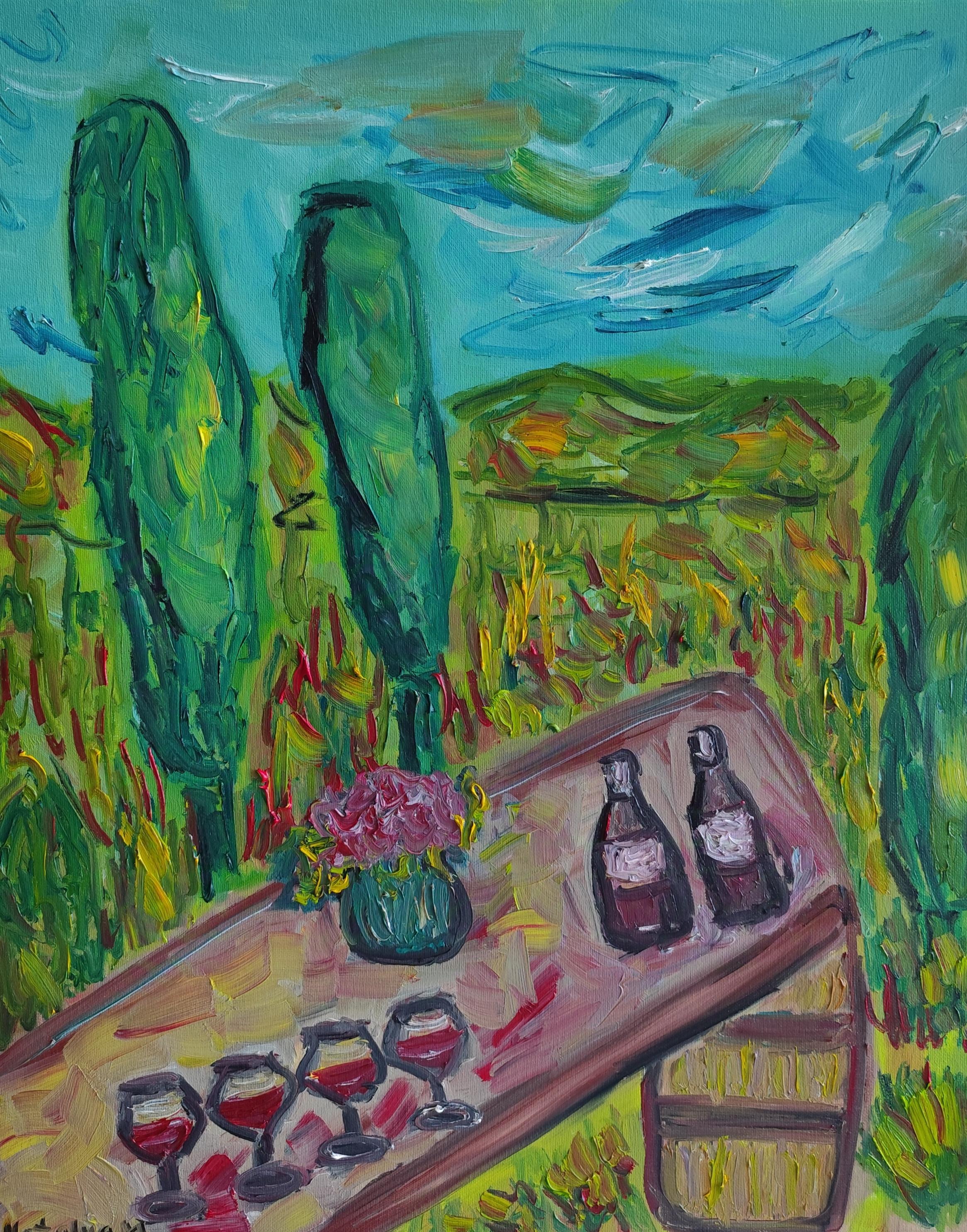 Impressionistisches ausdrucksstarkes Gemälde auf Leinwand „ Wein-tasting holiday in Provence“