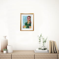 "Woman in a Green Dress" Modern Expressionist Acrylic Woman's Portrait on Paper