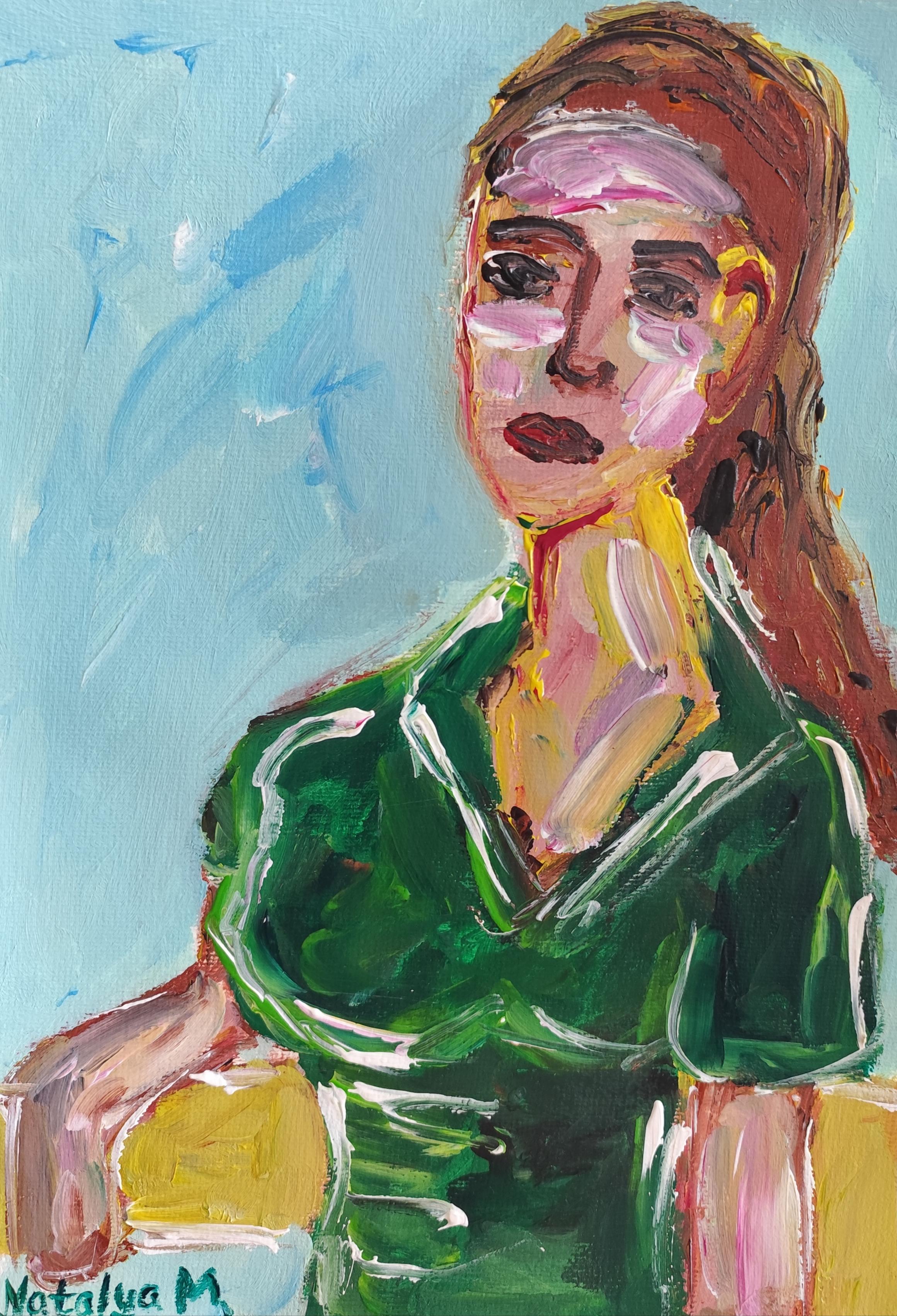 "Woman in a green dress" (contemporary painting of a woman)