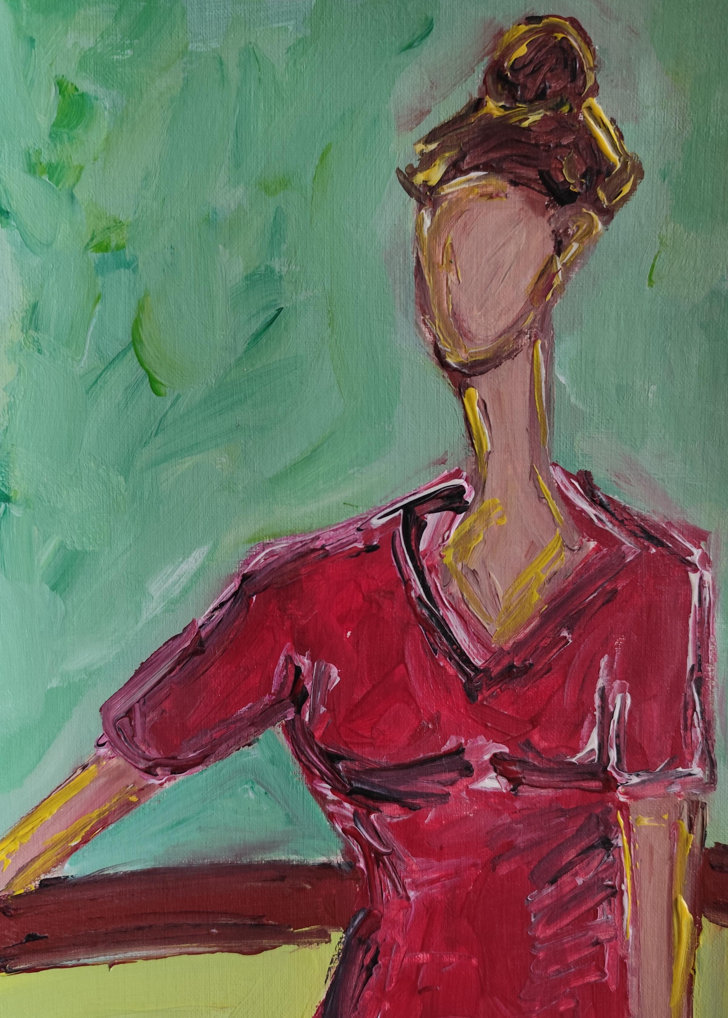 Natalya Mougenot  Figurative Painting - "Woman in a red dress"( contemporary figurative acrylic piece of a woman)