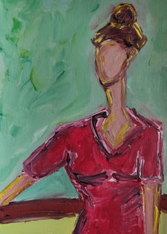 "Mujer con vestido rojo" ( pieza acrílica figurativa contemporánea de una mujer)