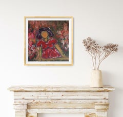 "Donna con un vestito rosso in un giardino pieno di rose"