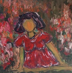 "Woman in a red dress in the garden full of roses"