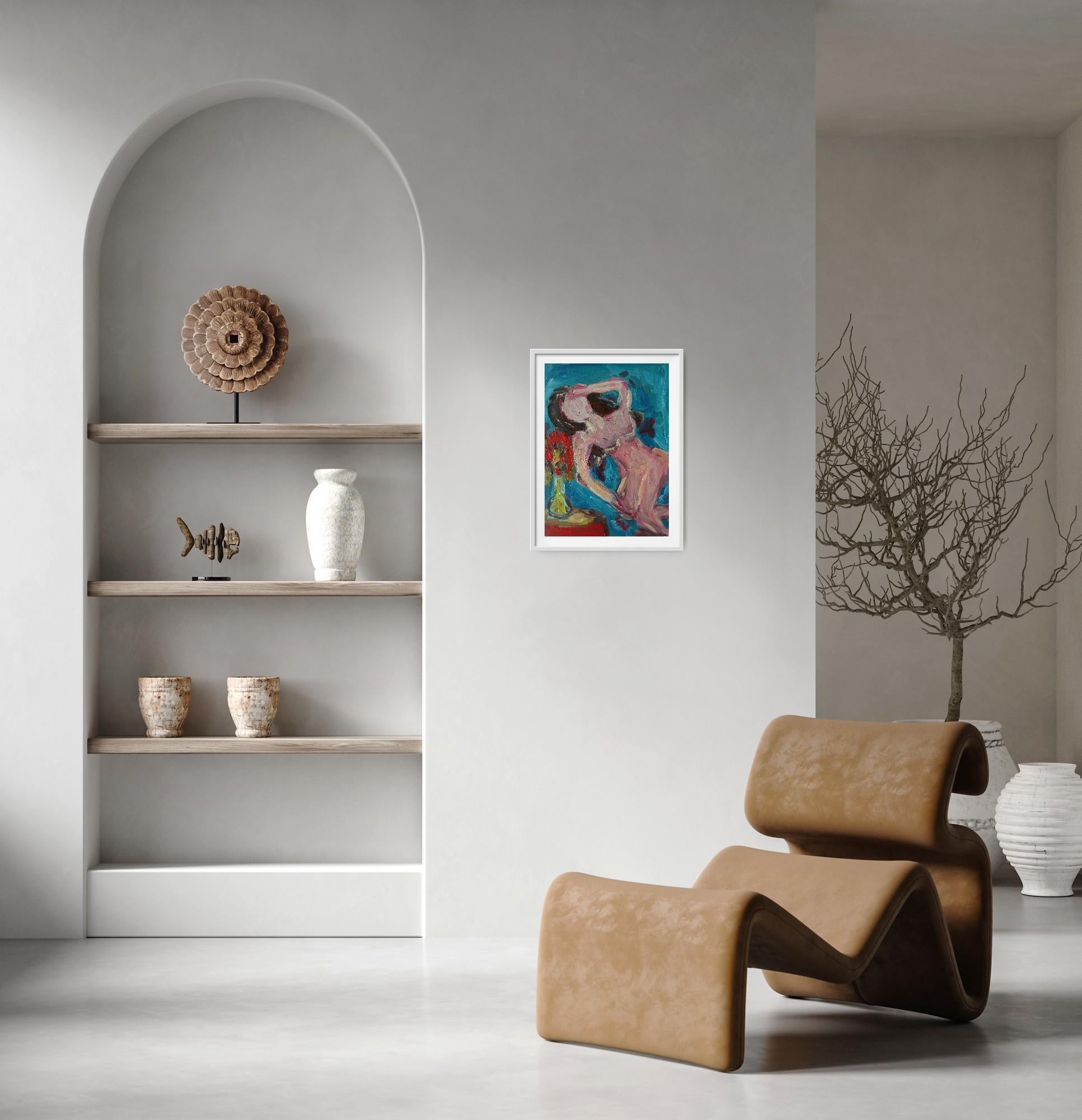 This contemporary colorful painting featuring a naked woman  with a thoughtful look  lying on blue sheets near a coffee table with a bouquet of flowers in a vase makes part of my series dedicated to 