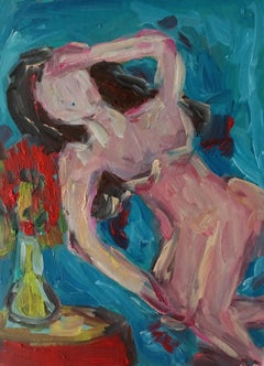 "Woman lying thoughtful on blue sheets" contemporary painting of a nude woman