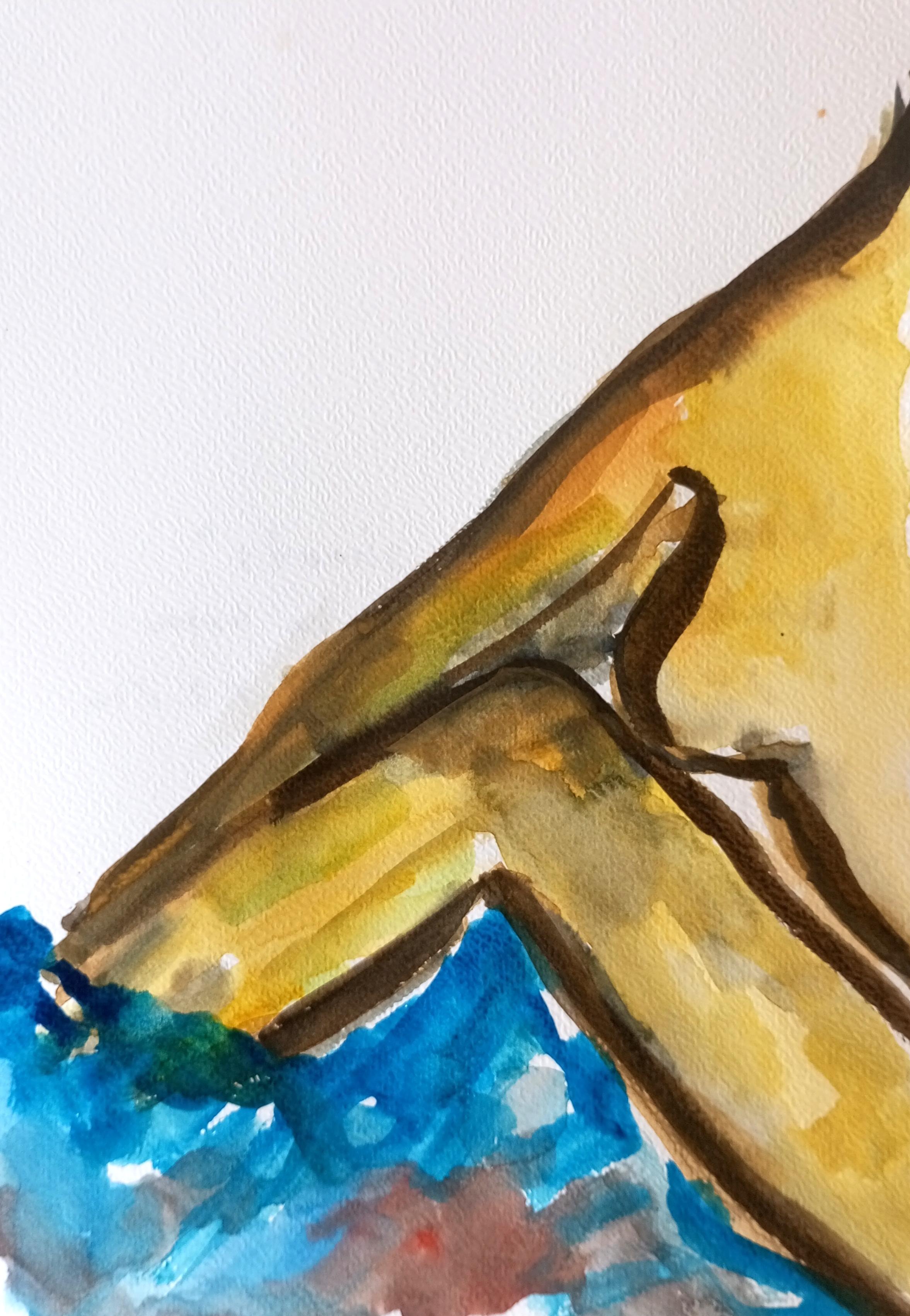 "Donna su lenzuola blu" (acquerello contemporaneo di una donna nuda)