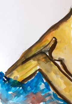 "Donna su lenzuola blu" (acquerello contemporaneo di una donna nuda)