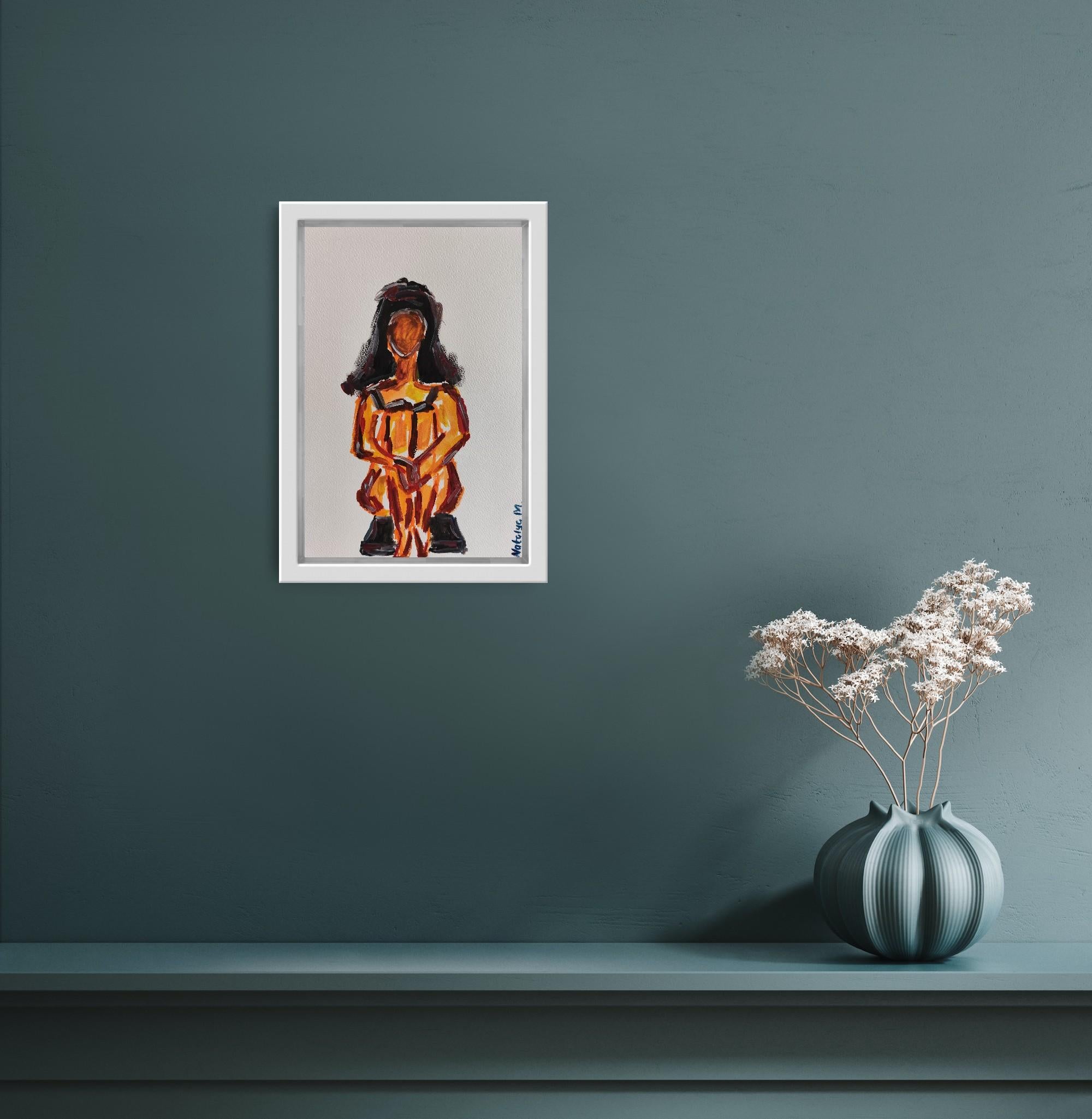 Quadro d'arte figurativa contemporanea di una donna su carta - Figurative Art Grigio di Natalya Mougenot 