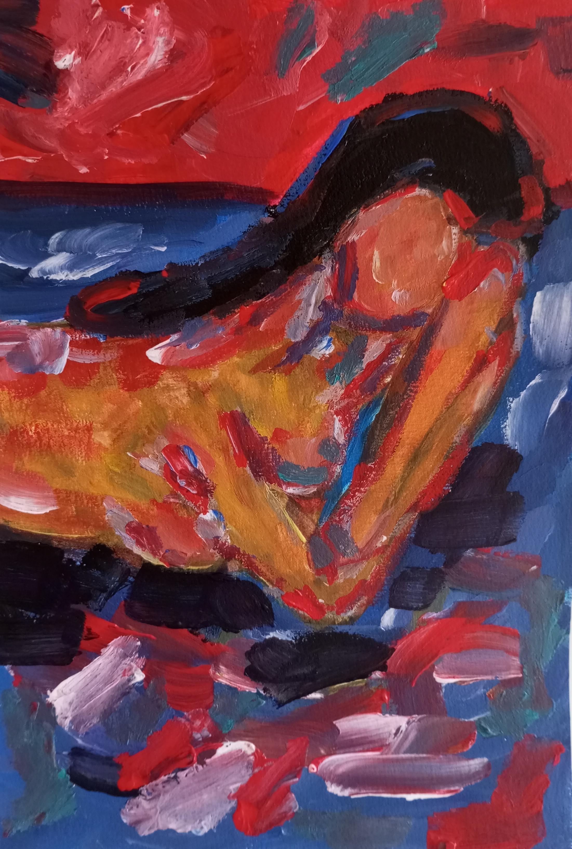 "Donna che dorme sul divano" (pittura impressionista a tecnica mista colorata su carta)