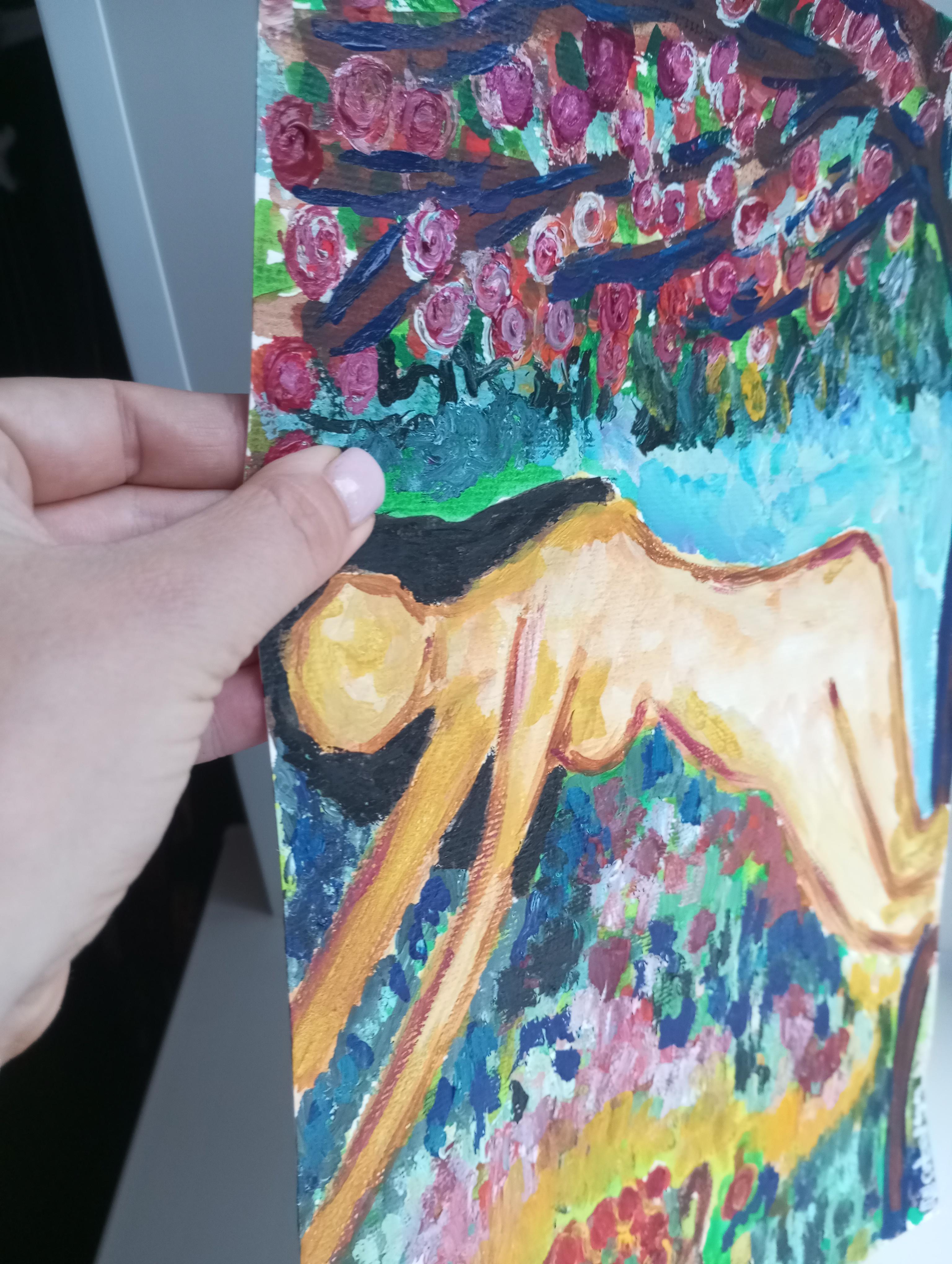 Pintura acrílica figurativa contemporánea en color de una mujer sobre papel en venta 5
