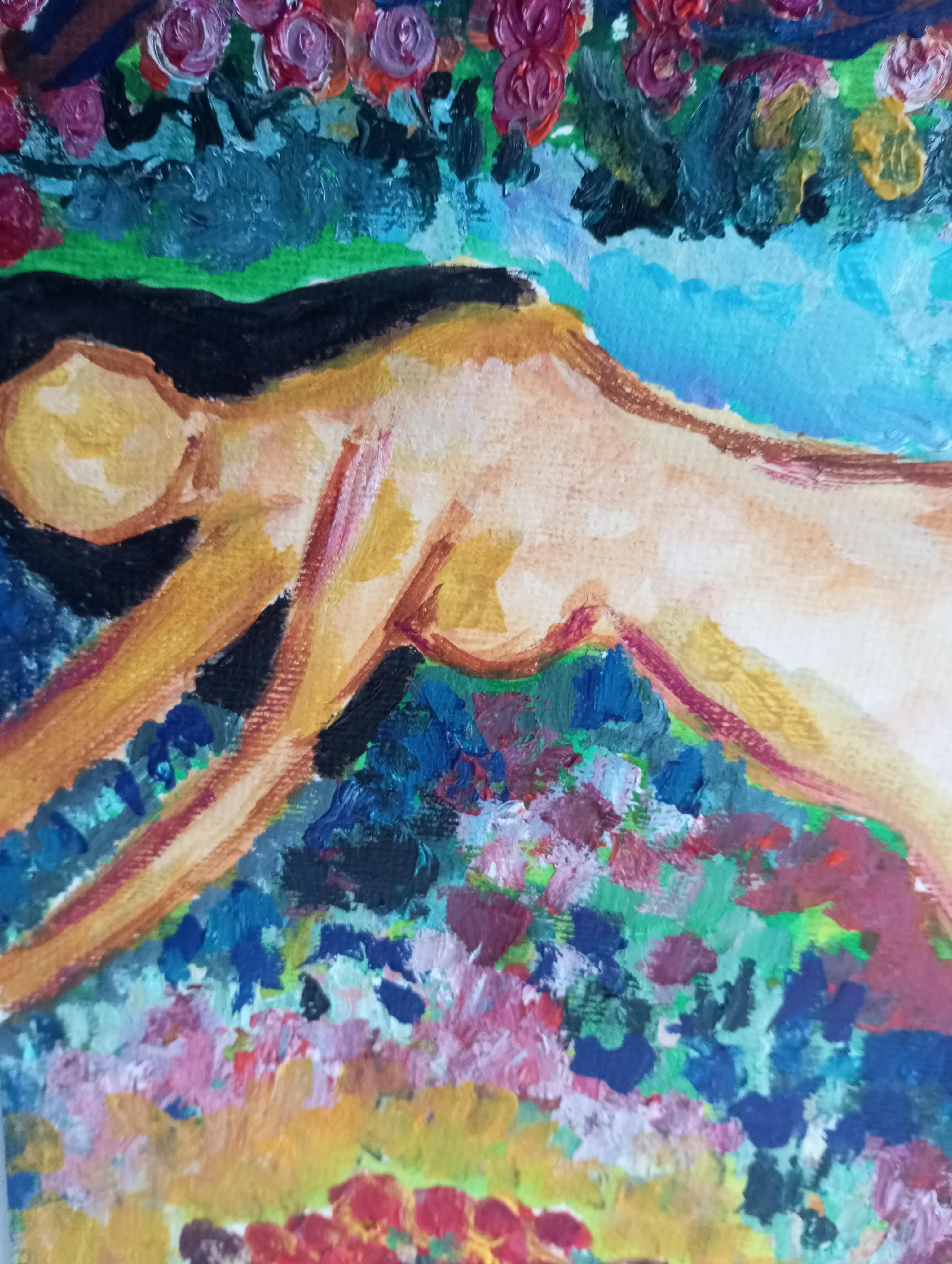 Pintura acrílica figurativa contemporánea en color de una mujer sobre papel en venta 7