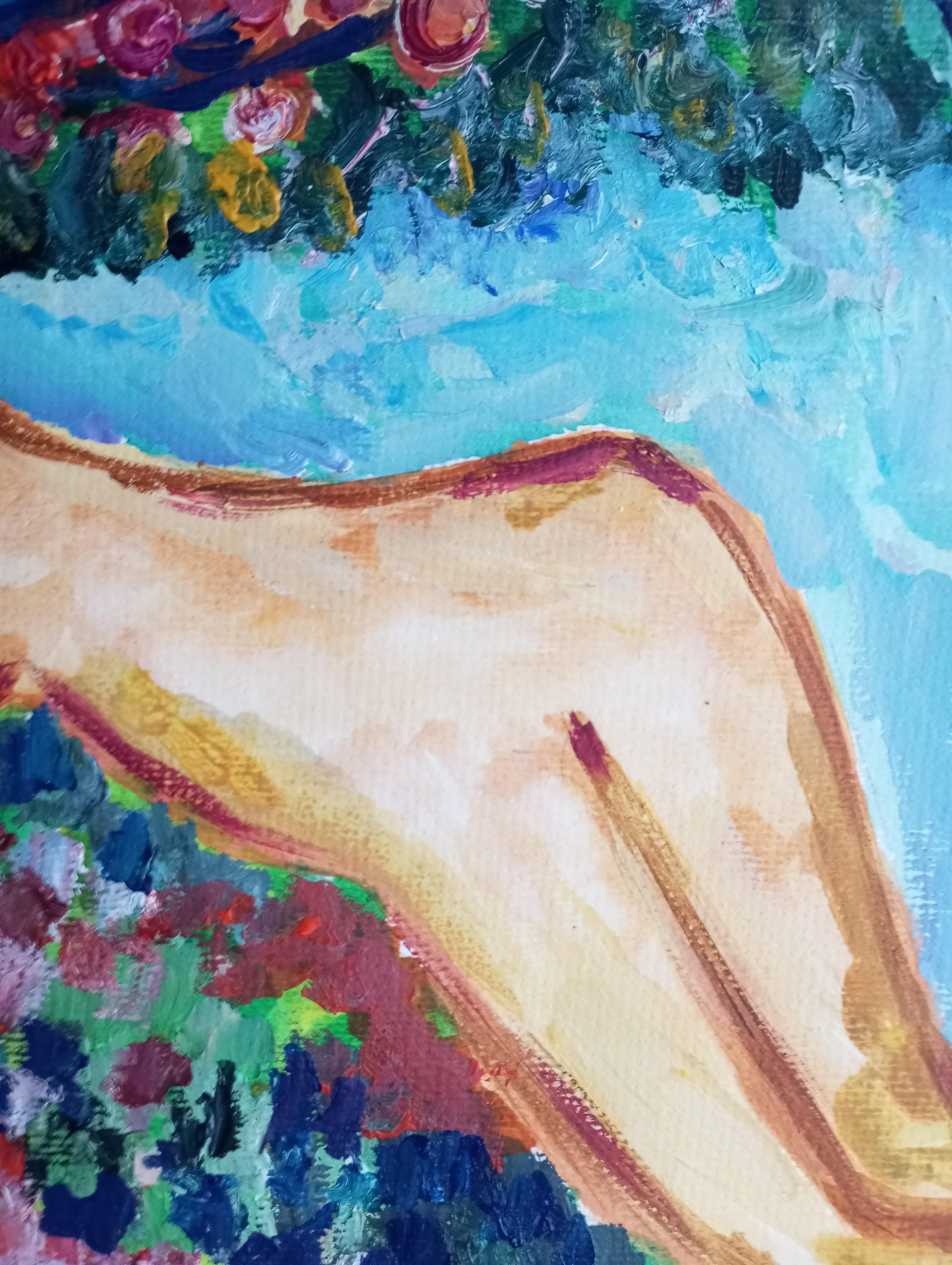 Pintura acrílica figurativa contemporánea en color de una mujer sobre papel en venta 13