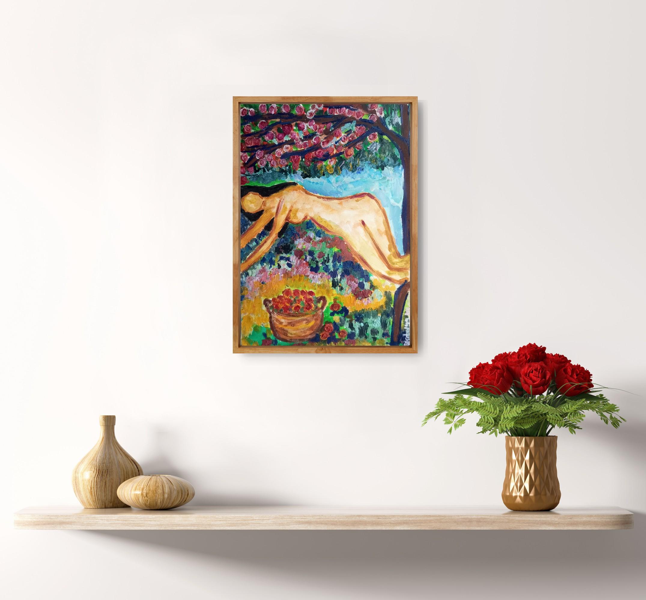 Pintura acrílica figurativa contemporánea en color de una mujer sobre papel en venta 2