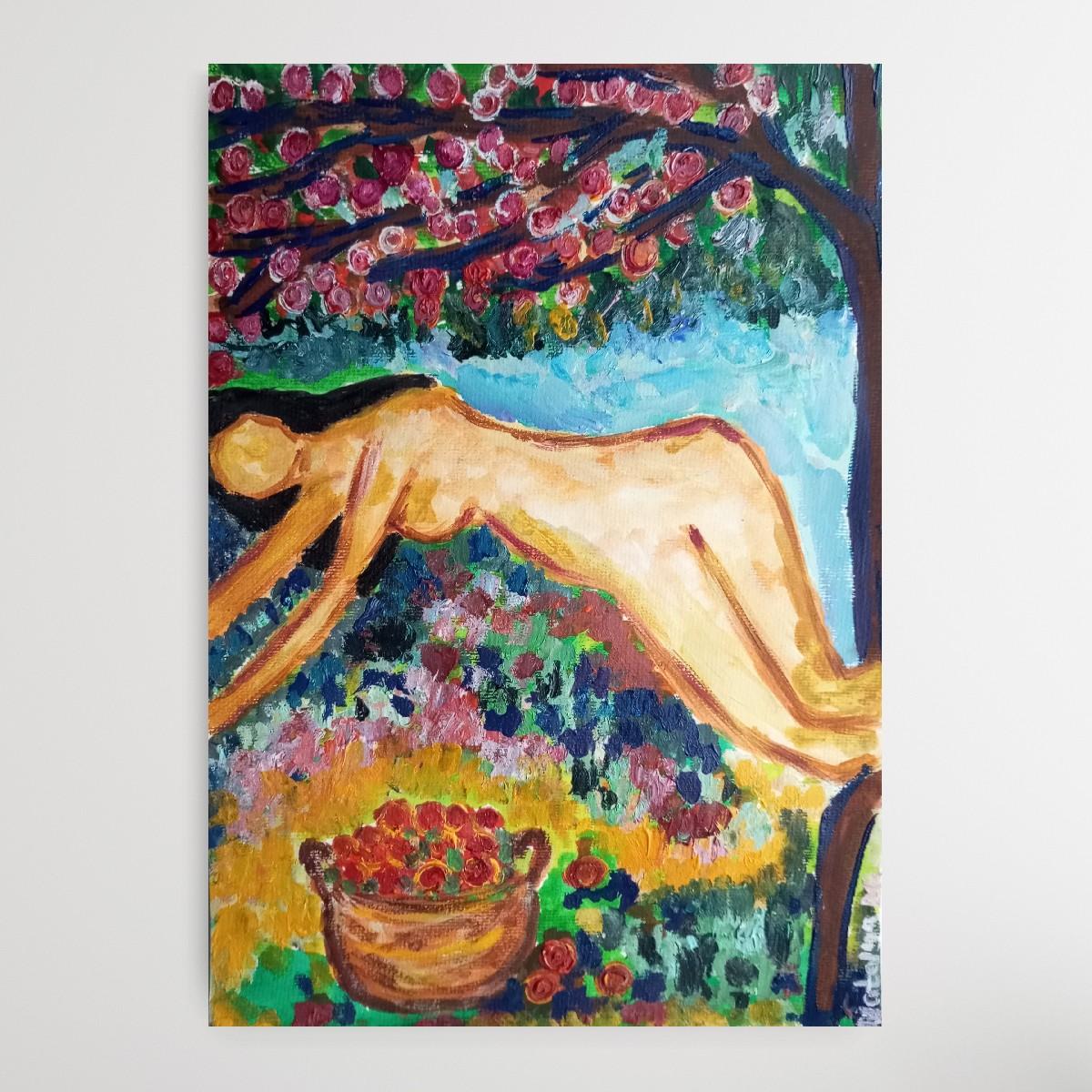 Pintura acrílica figurativa contemporánea en color de una mujer sobre papel en venta 3
