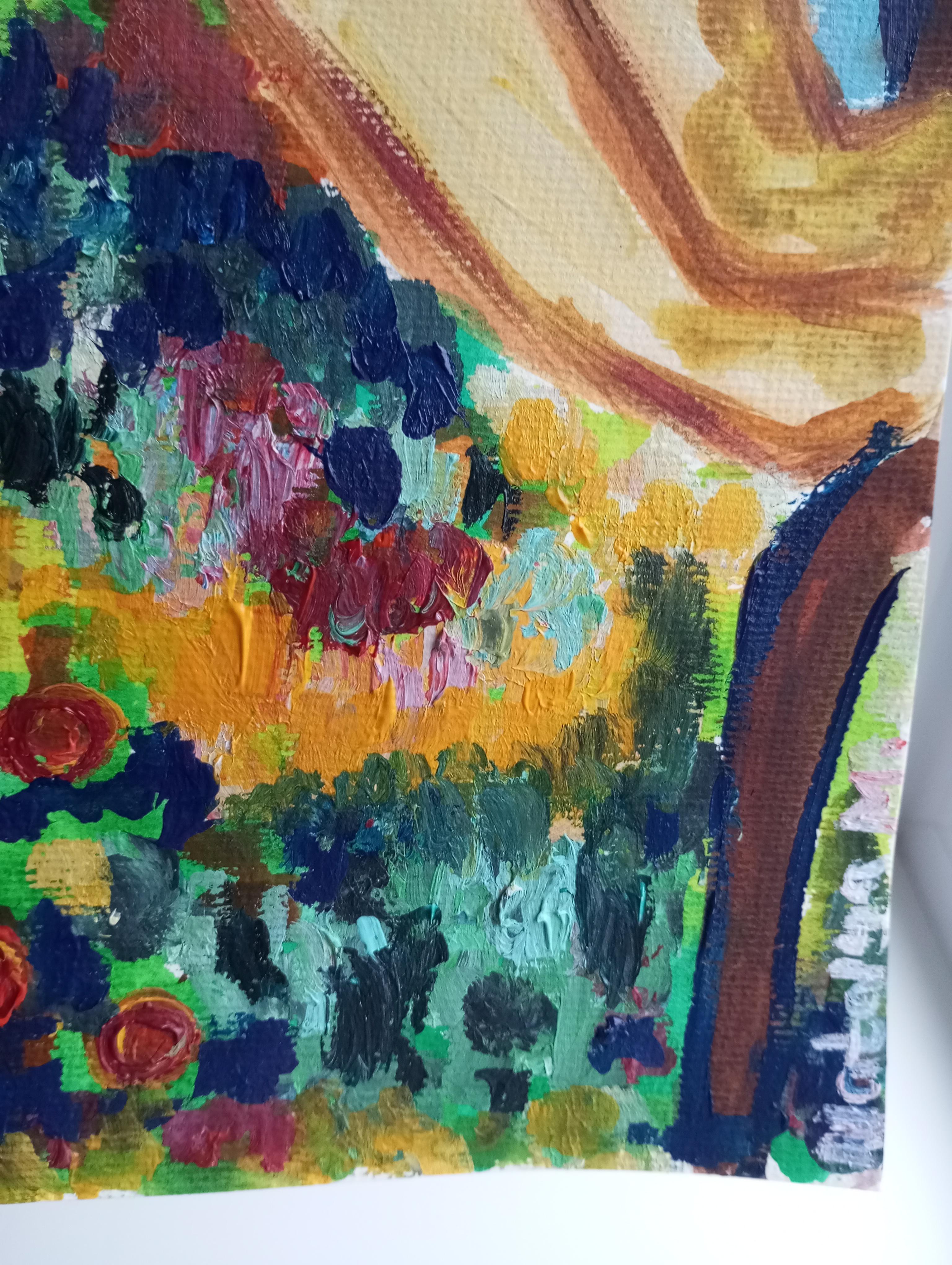 Pintura acrílica figurativa contemporánea en color de una mujer sobre papel en venta 4