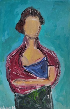 "Frau mit rotem Schal" (zeitgenössische figurative Acrylarbeit einer Frau)