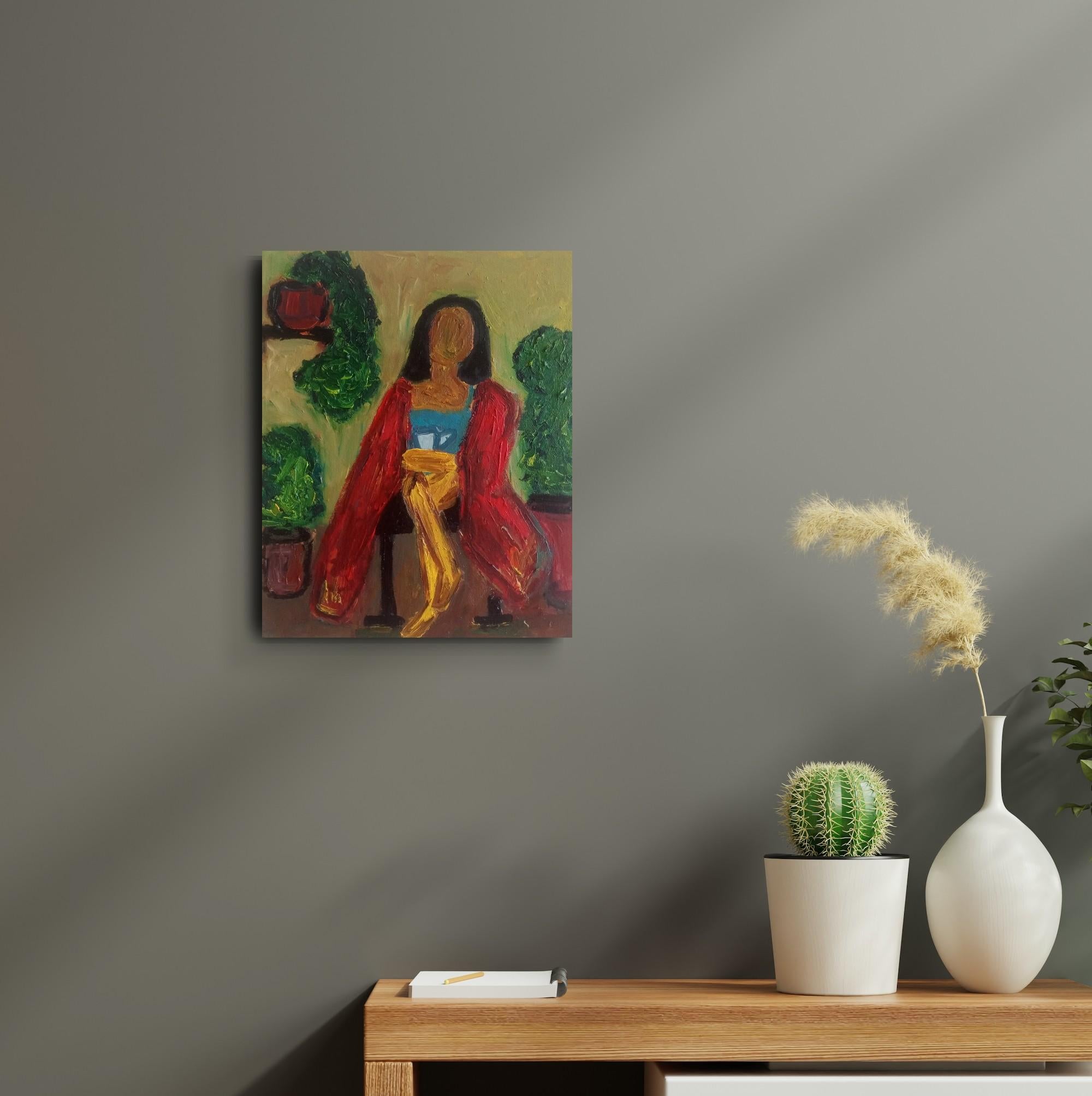 Dieses stimmungsvolle Kunstwerk fängt die Essenz des modernen abstrakten Expressionismus mit einer reichen und einladenden Farbpalette ein. Das von Rot-, Gelb- und Grüntönen dominierte Gemälde zeigt eine Frau, die ein Gefühl von Ruhe und