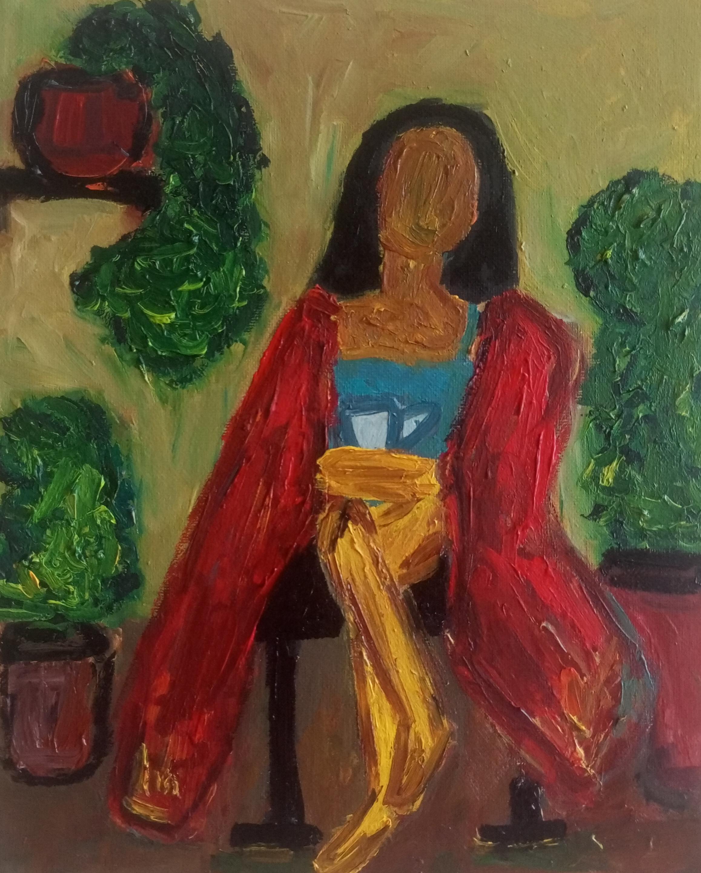 Dipinto a olio figurativo impressionista contemporaneo di una donna su tela