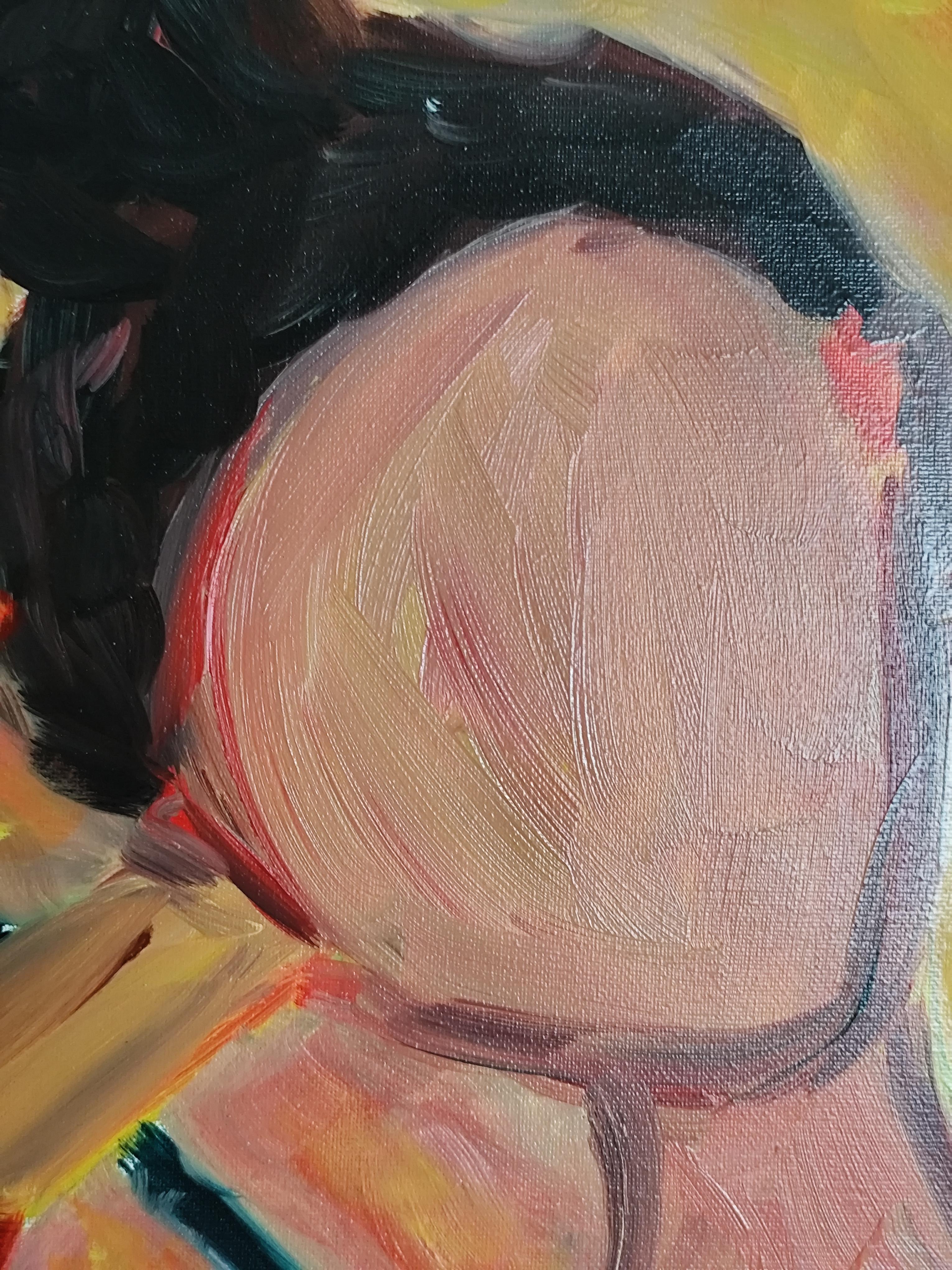 Contemporáneo  retrato al óleo de una mujer sobre lienzo 