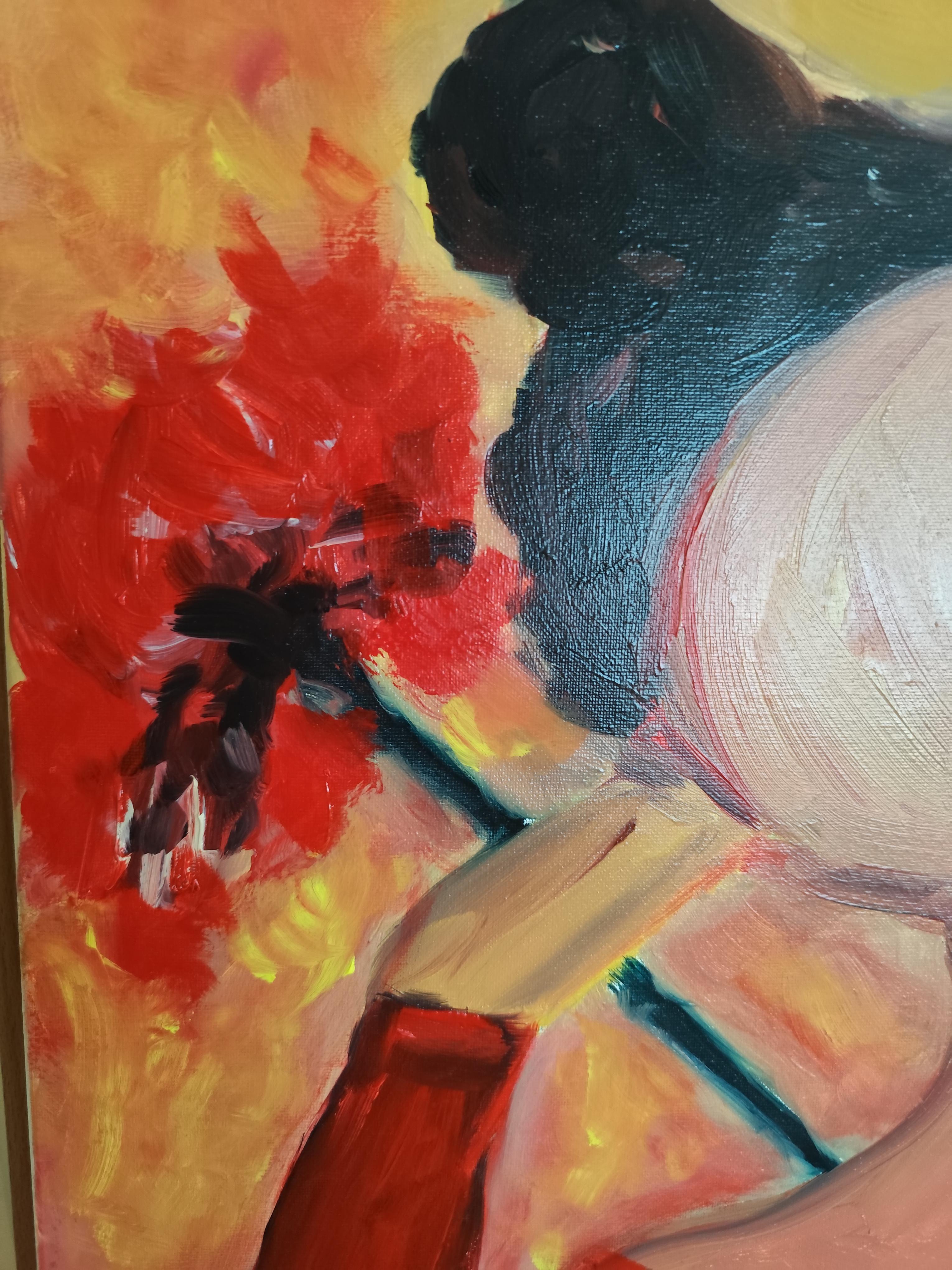 Contemporáneo  retrato al óleo de una mujer sobre lienzo 