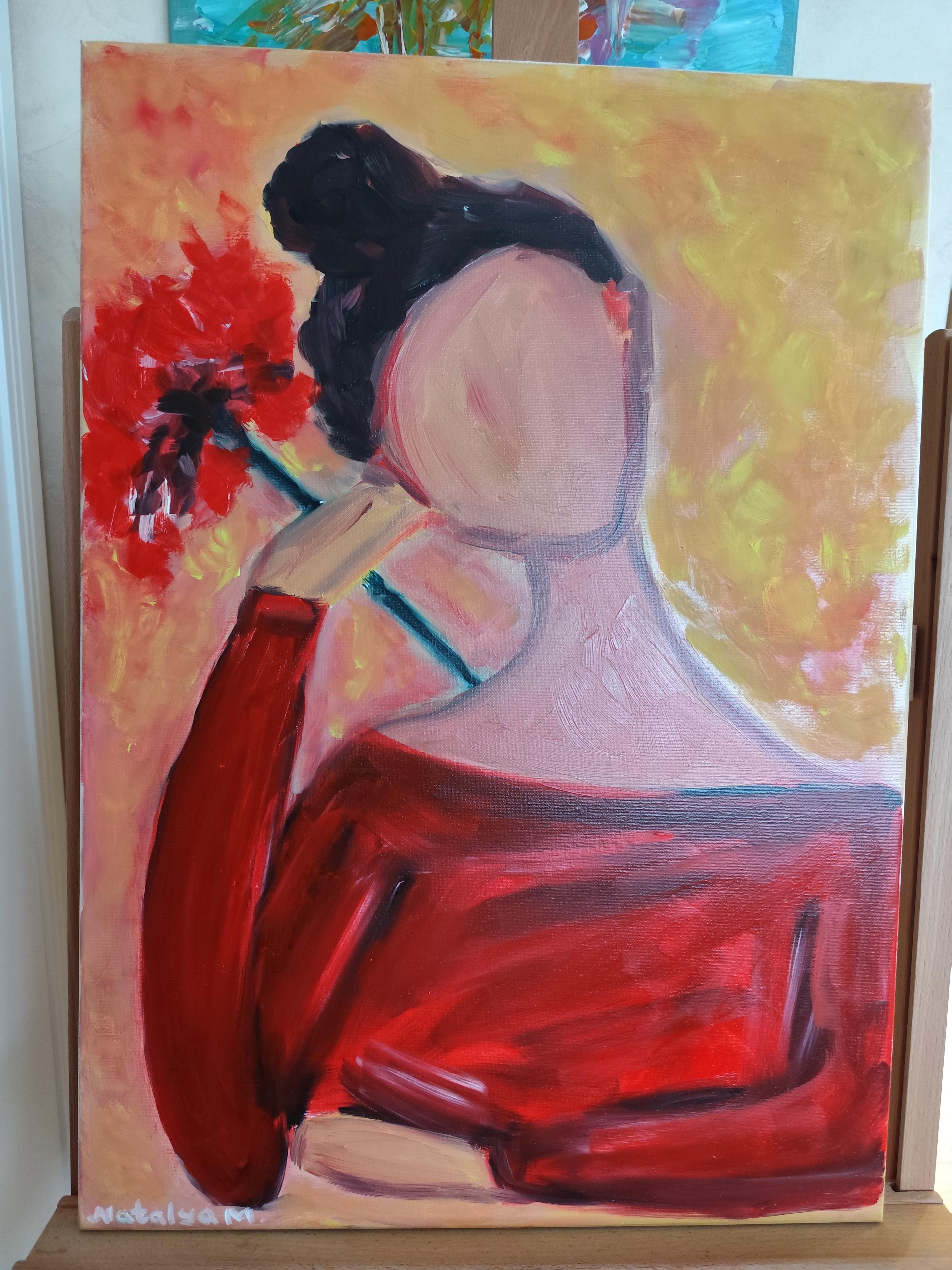 Contemporáneo  retrato al óleo de una mujer sobre lienzo 