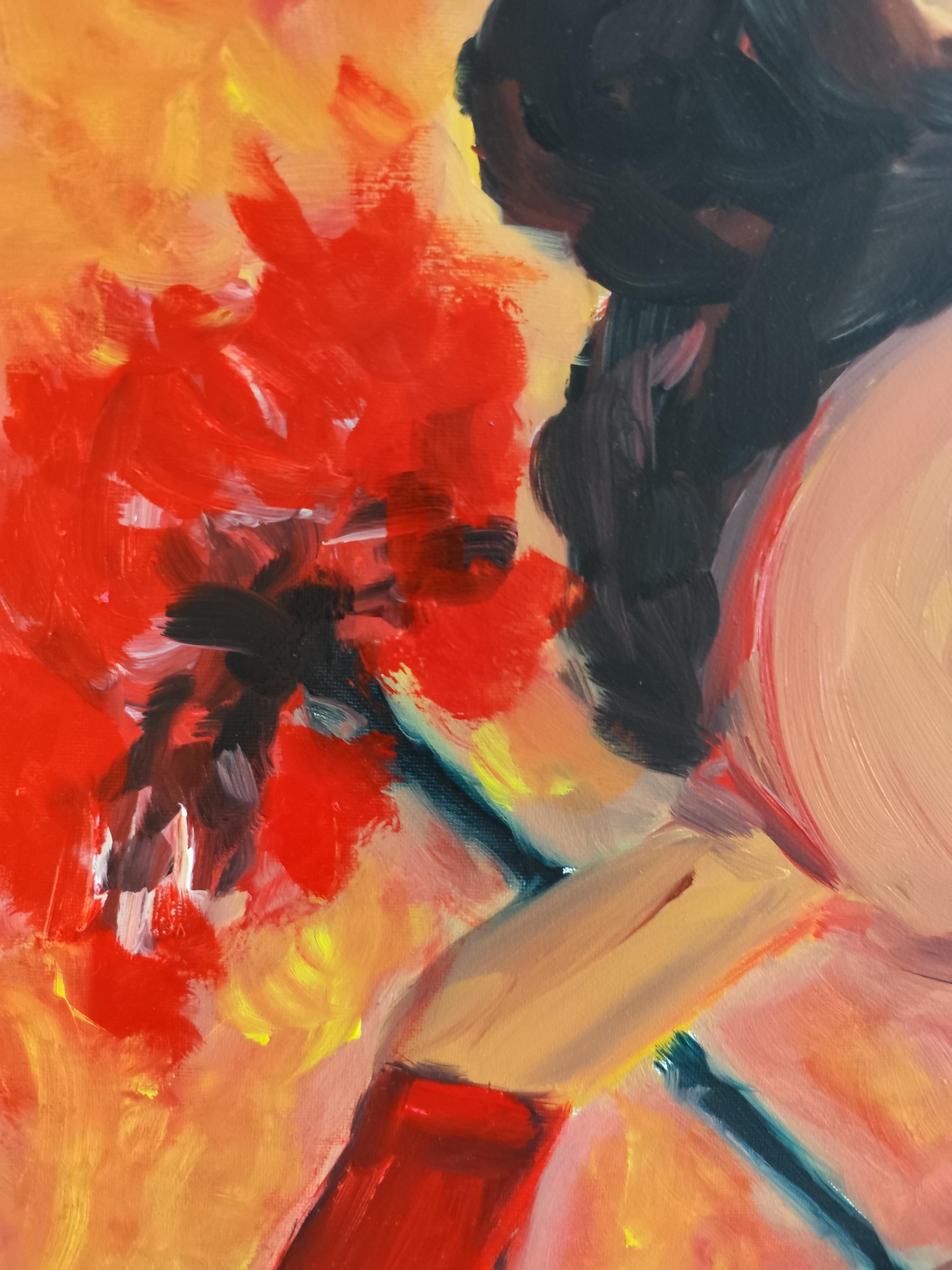 Contemporáneo  retrato al óleo de una mujer sobre lienzo 