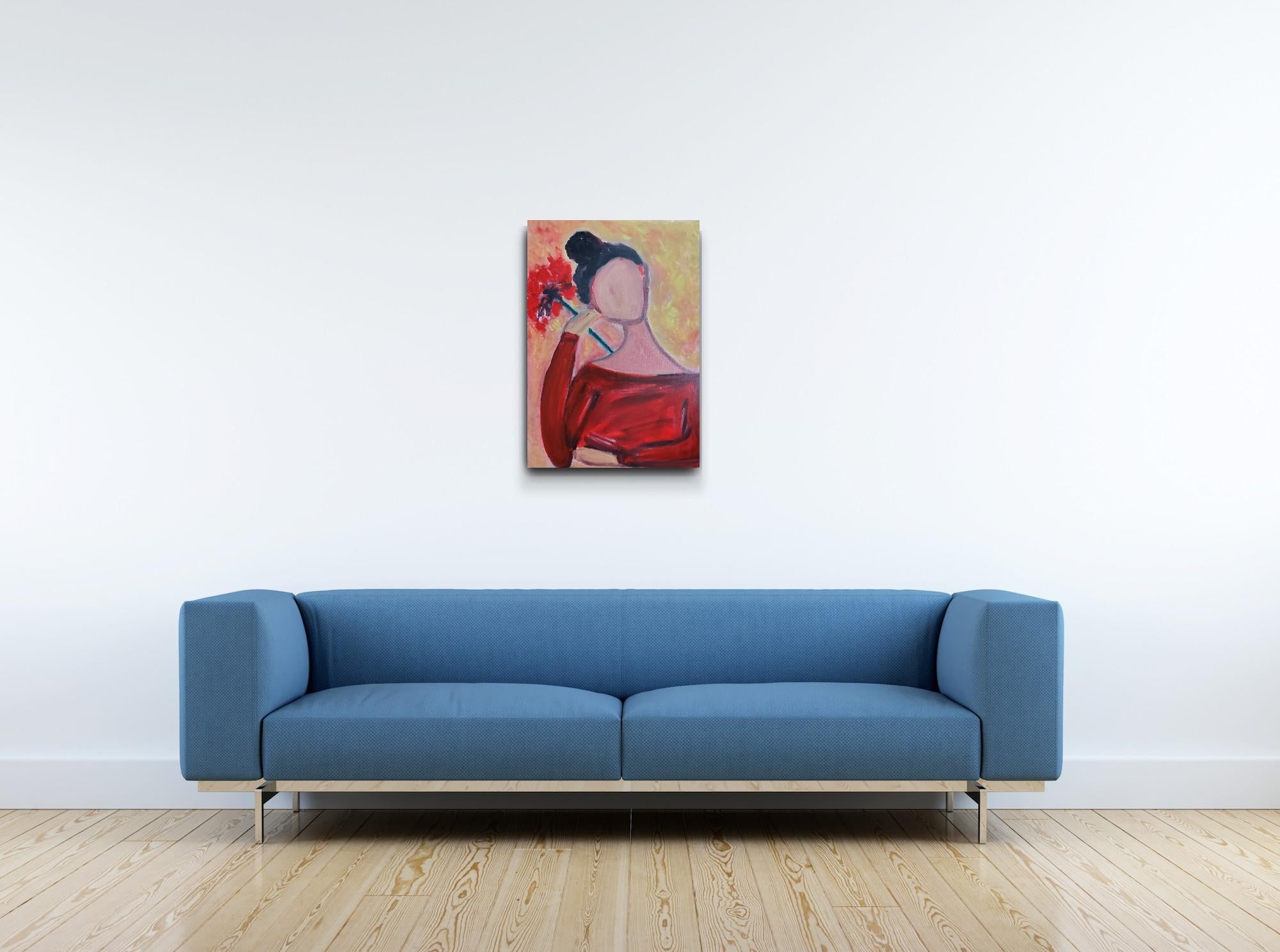 Contemporáneo  retrato al óleo de una mujer sobre lienzo 