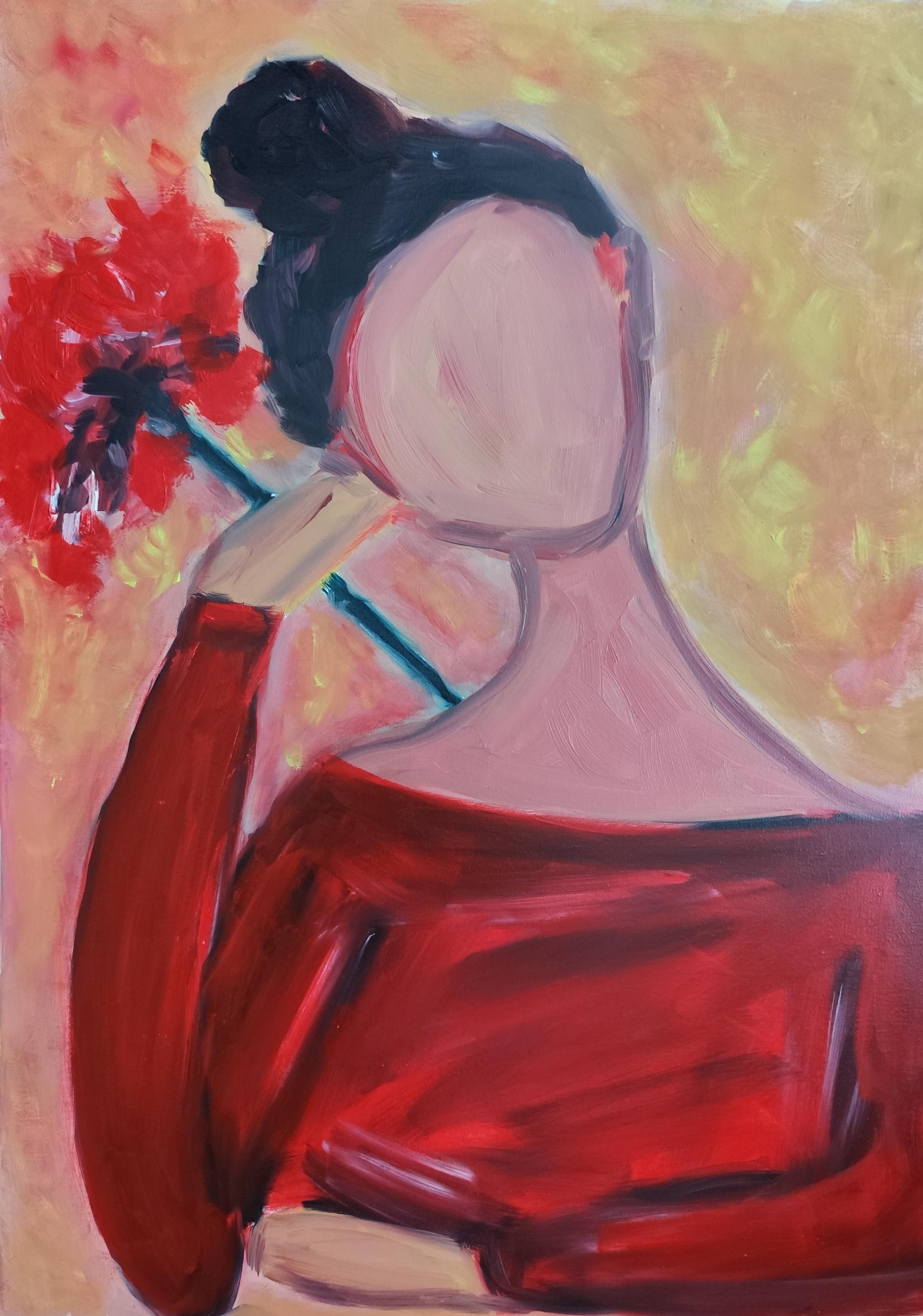 Figurative Painting de Natalya Mougenot  - Contemporáneo  retrato al óleo de una mujer sobre lienzo ""Mujer con una flor roja"