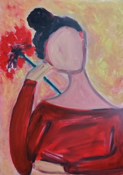 Contemporary  oil portrait of a woman on canvas ""Woman with a red flower"