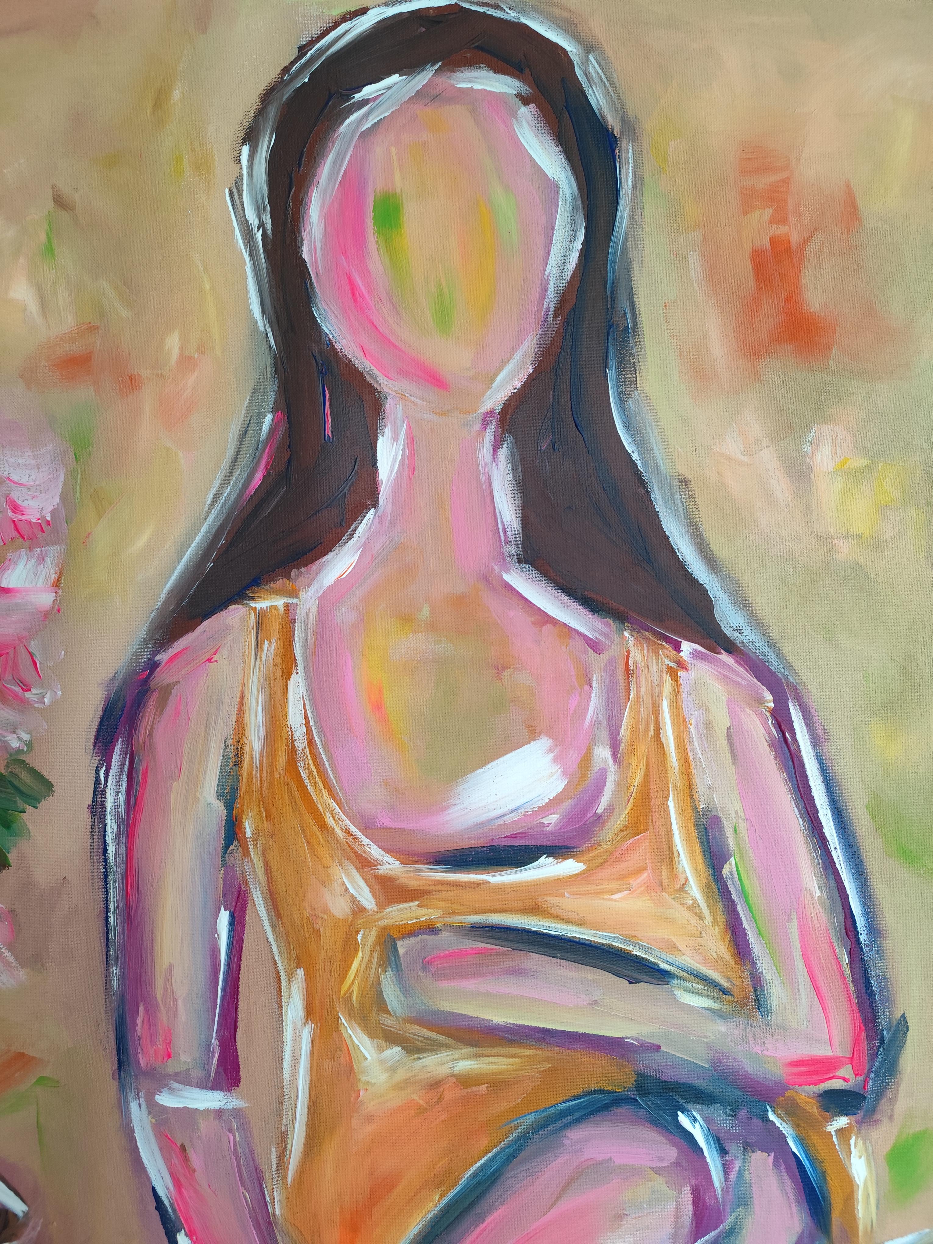 Pintura acrílica expresiva contemporánea de gran tamaño de una mujer sobre un lienzo lilnen en venta 5