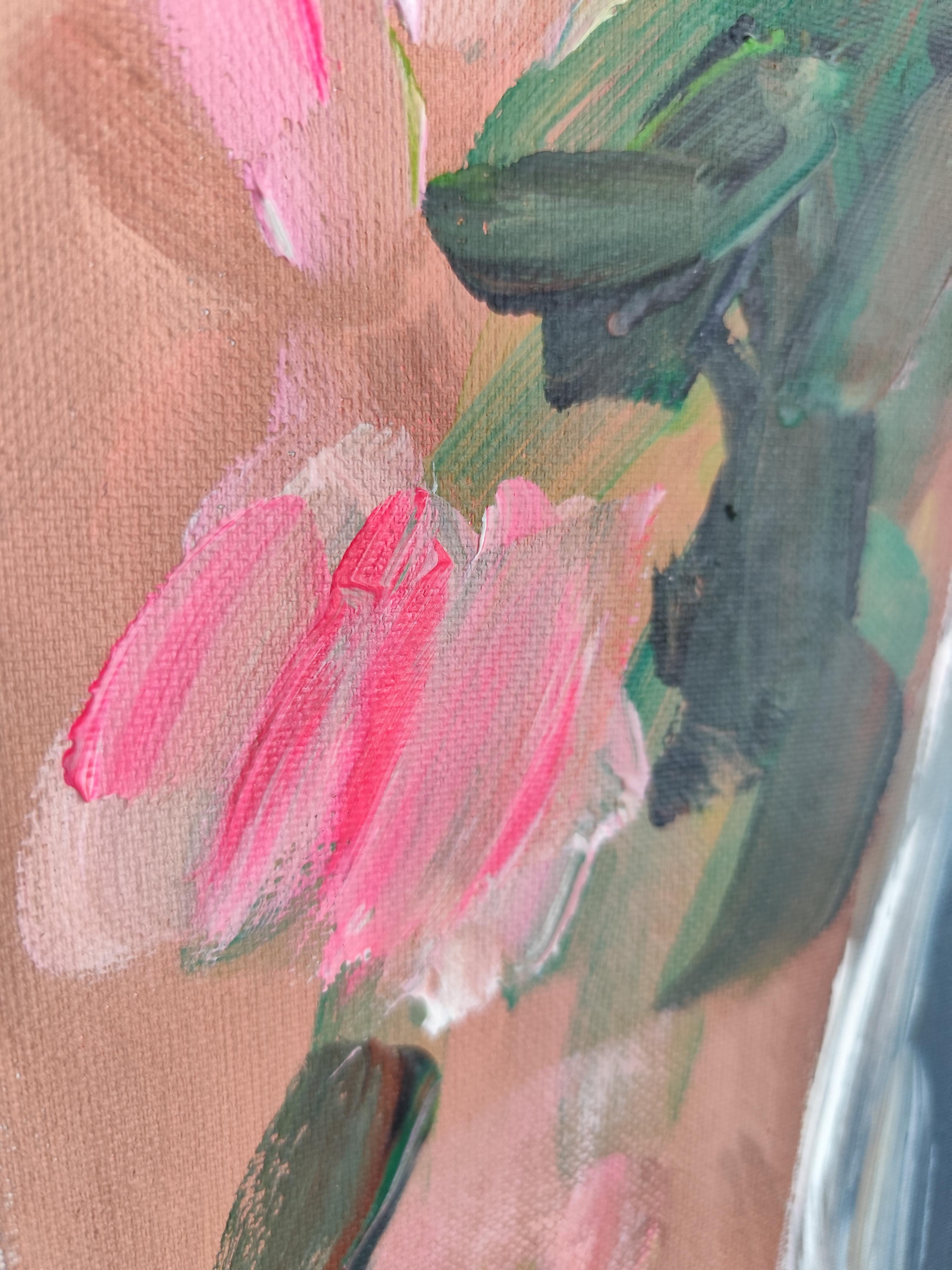 Pintura acrílica expresiva contemporánea de gran tamaño de una mujer sobre un lienzo lilnen en venta 6