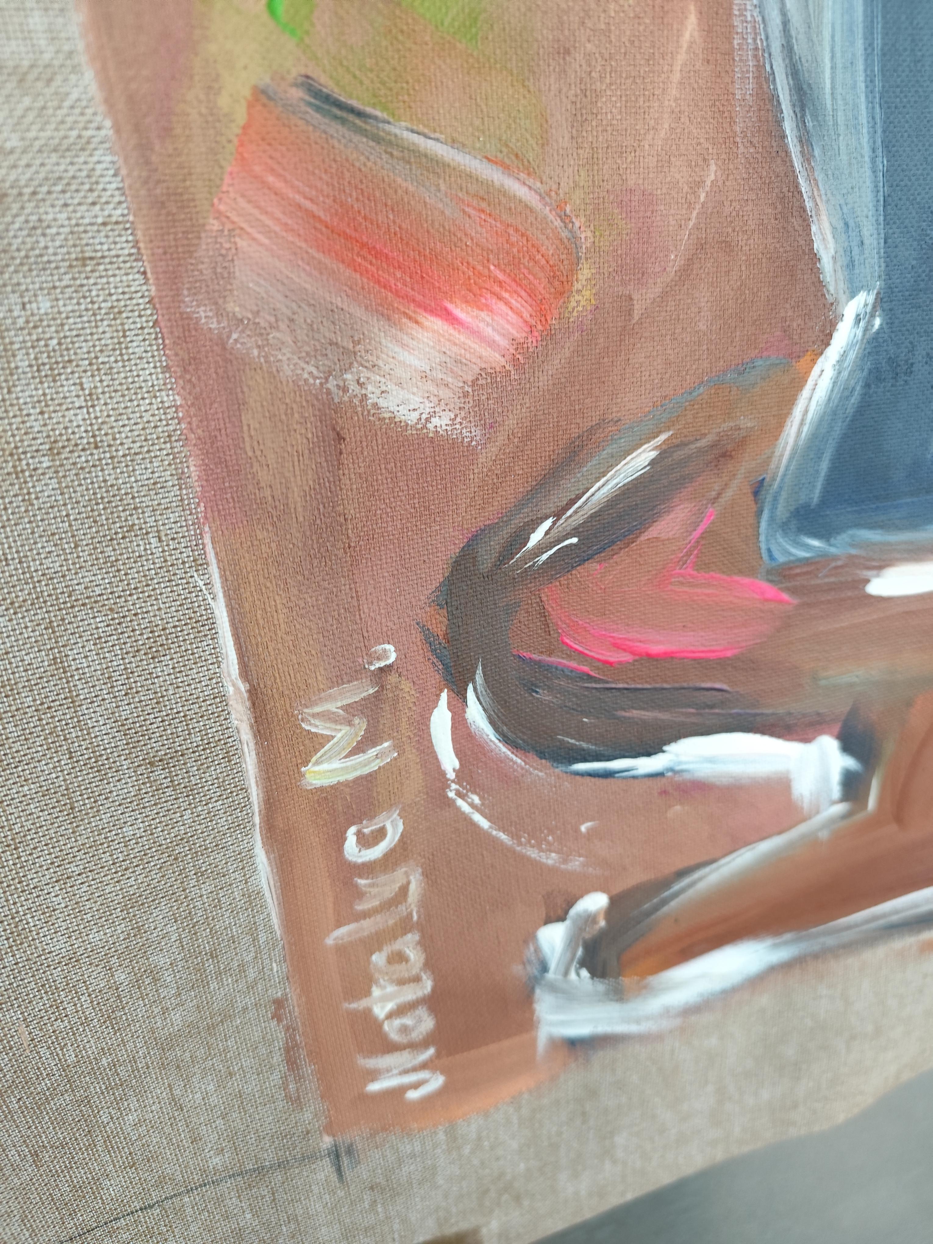 Pintura acrílica expresiva contemporánea de gran tamaño de una mujer sobre un lienzo lilnen en venta 11