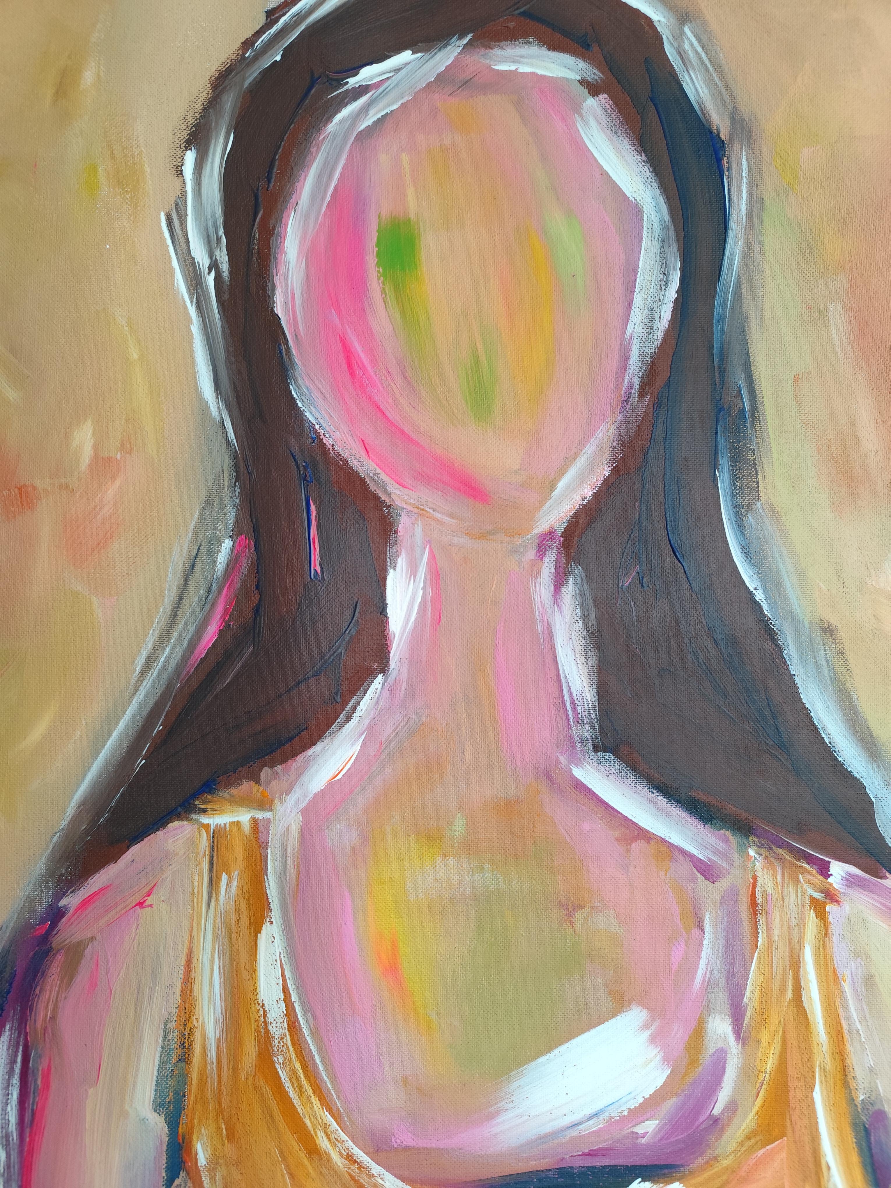 Pintura acrílica expresiva contemporánea de gran tamaño de una mujer sobre un lienzo lilnen en venta 13