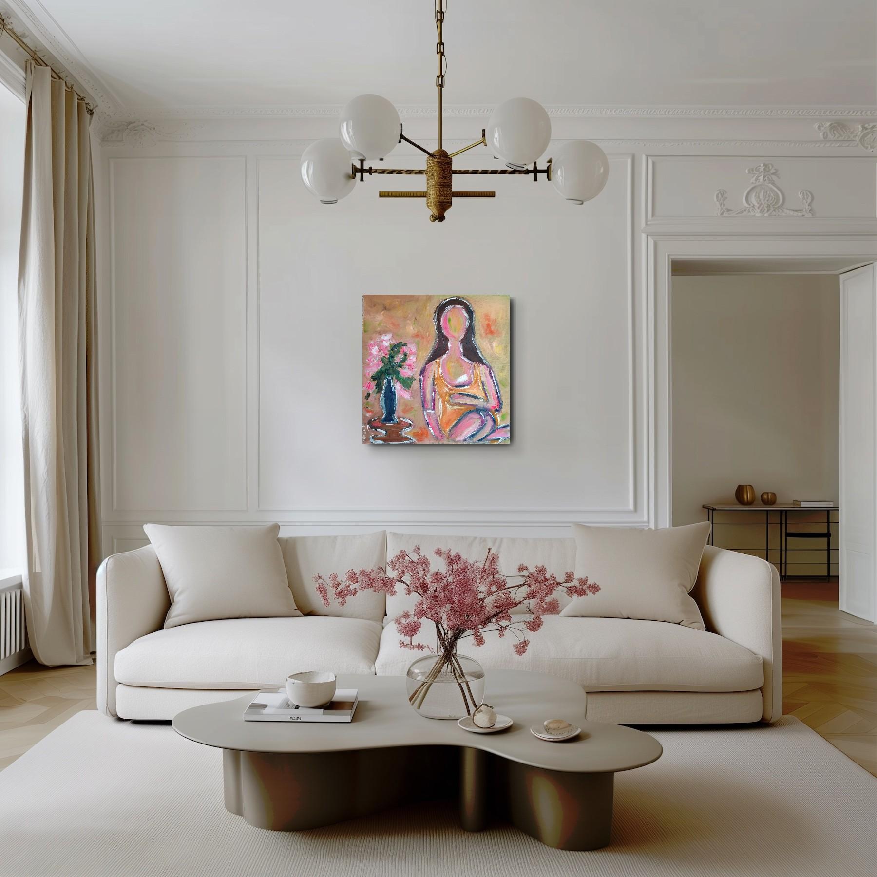 Pintura acrílica expresiva contemporánea de gran tamaño de una mujer sobre un lienzo lilnen en venta 1