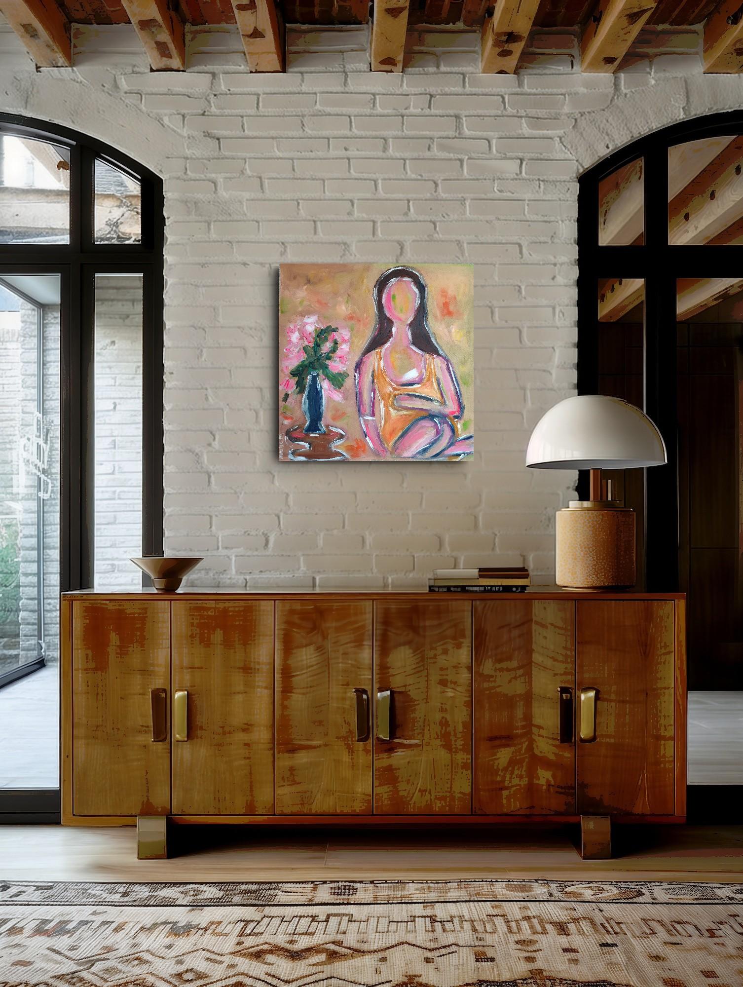 Pintura acrílica expresiva contemporánea de gran tamaño de una mujer sobre un lienzo lilnen en venta 2