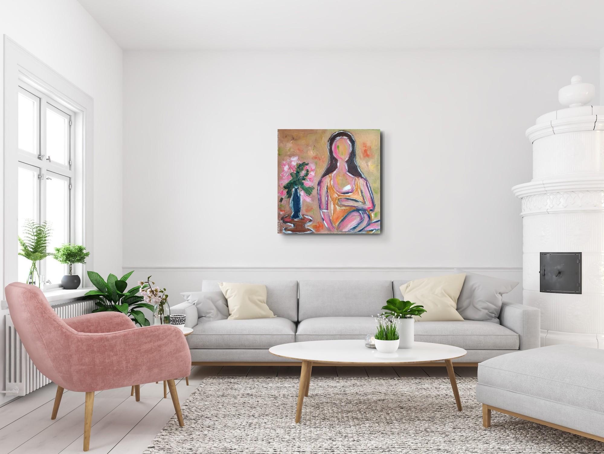 Pintura acrílica expresiva contemporánea de gran tamaño de una mujer sobre un lienzo lilnen en venta 3