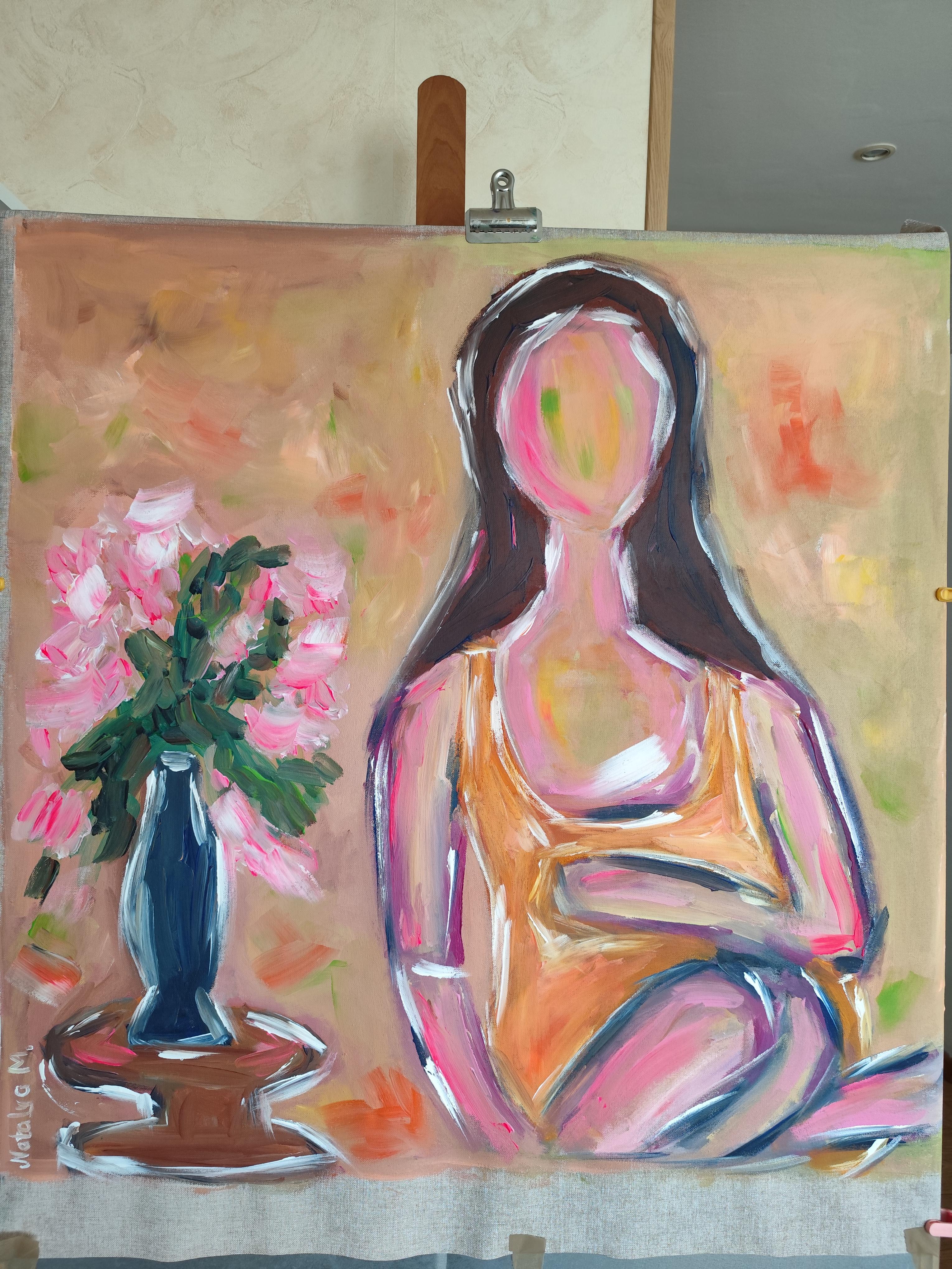 Pintura acrílica expresiva contemporánea de gran tamaño de una mujer sobre un lienzo lilnen en venta 4