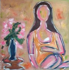 Pintura acrílica expresiva contemporánea de gran tamaño de una mujer sobre un lienzo lilnen