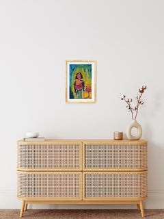 Contemporary figurative acrylic painting on paper "Woman with her birkin bag"