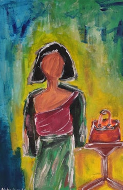 Peinture acrylique figurative contemporaine sur papier "Femme avec son sac birkin".