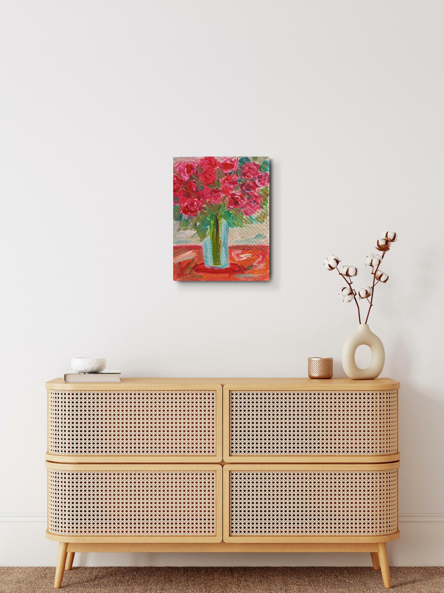 Impresionista contemporáneo expresivo ramo de rosas florales lienzo al óleo - Abstract Painting Rojo de Natalya Mougenot 