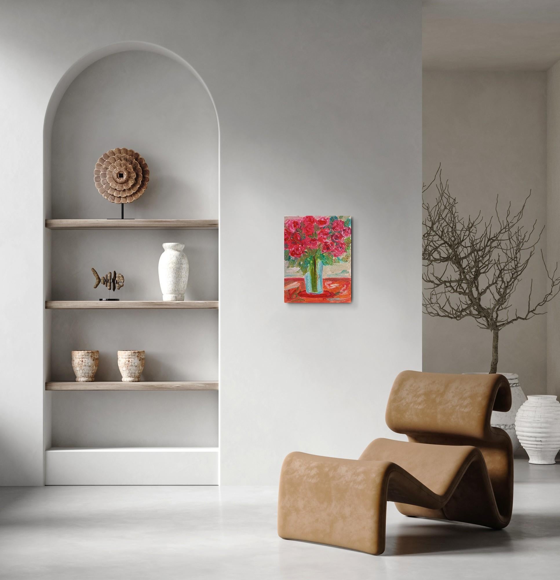 Impresionista contemporáneo expresivo ramo de rosas florales lienzo al óleo 1
